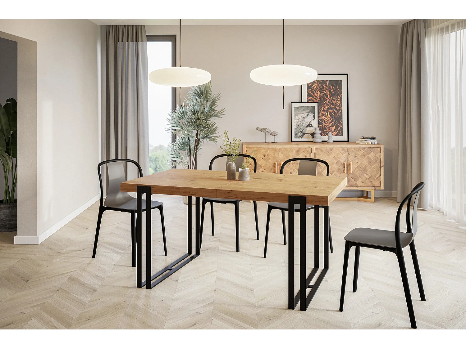 Table de salle à manger rectangulaire ROSA, table à rallonges, dimensions: 160-260X90X77 cm,couleur: LANCELOT, avec pieds métalliques de couleur noire