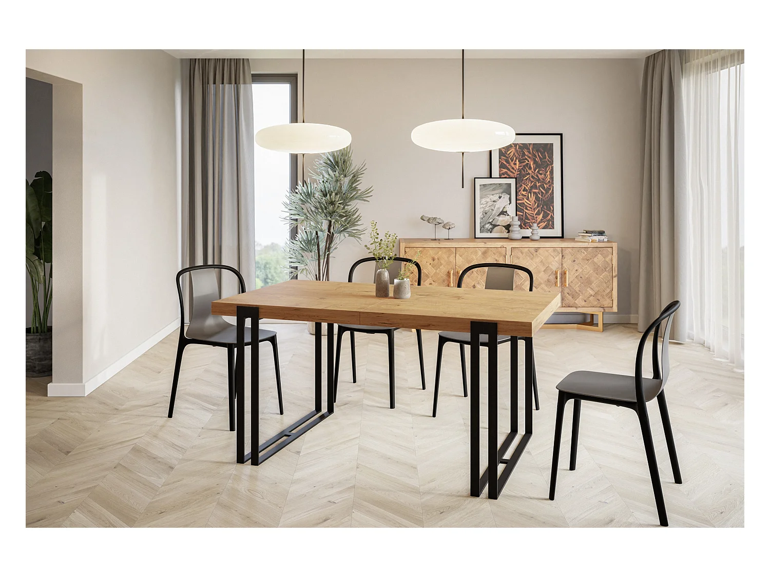 Table de salle à manger rectangulaire ROSA, table à rallonges, dimensions: 160-260X90X77 cm,couleur: LANCELOT, avec pieds métalliques de couleur noire