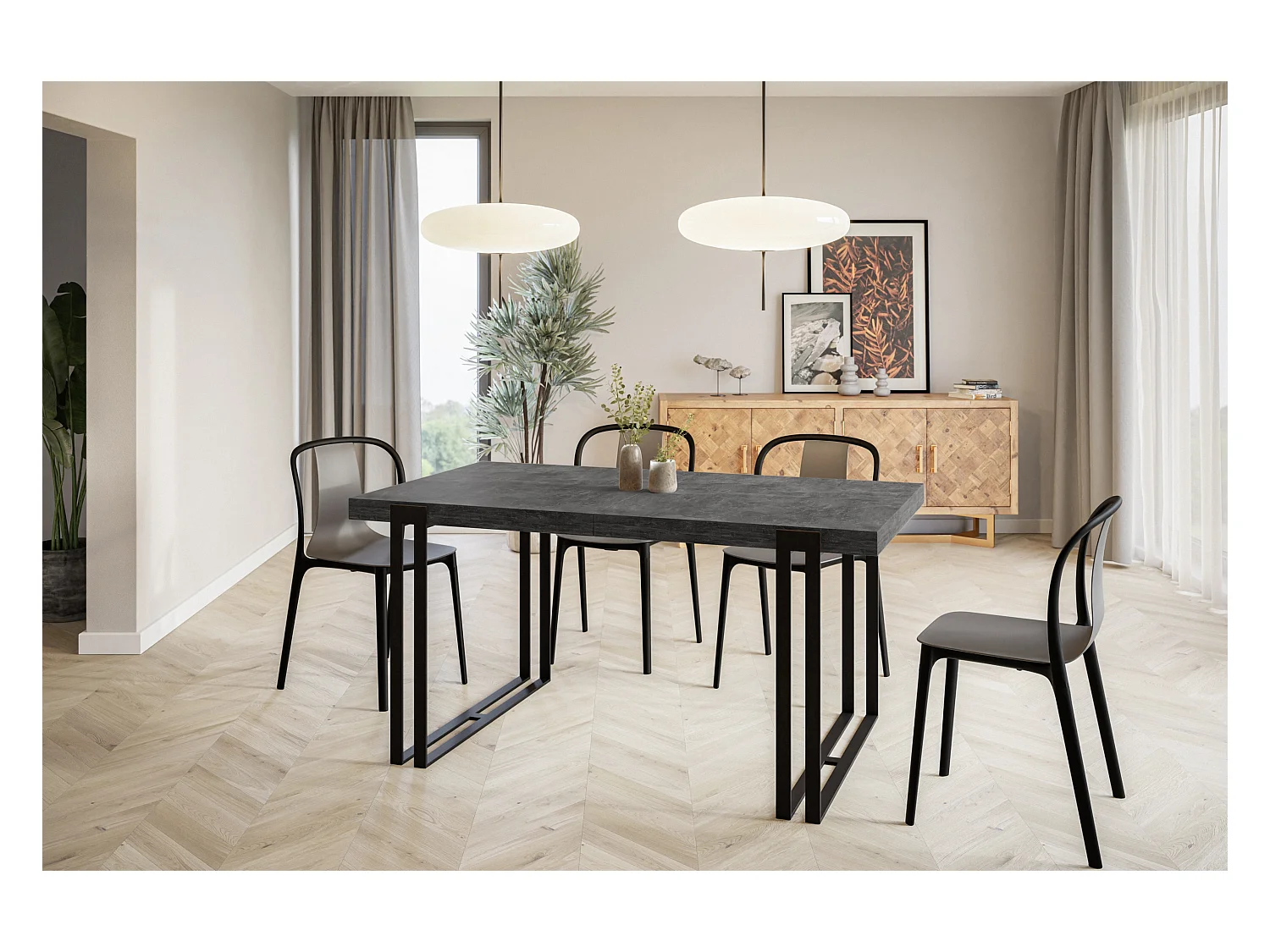 Table de salle à manger rectangulaire ROSA, table à rallonges, dimensions: 120-220X80X77 cm,couleur: gris foncé, avec pieds métalliques de couleur noire