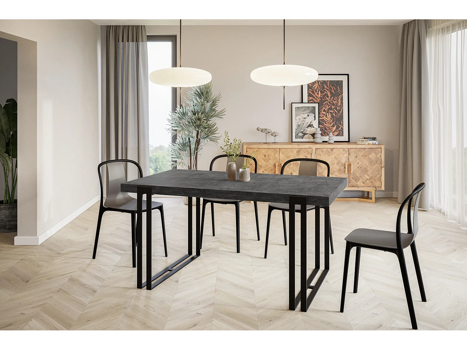 Table de salle à manger rectangulaire ROSA, table à rallonges, dimensions: 120-220X80X77 cm,couleur: gris foncé, avec pieds métalliques de couleur noire