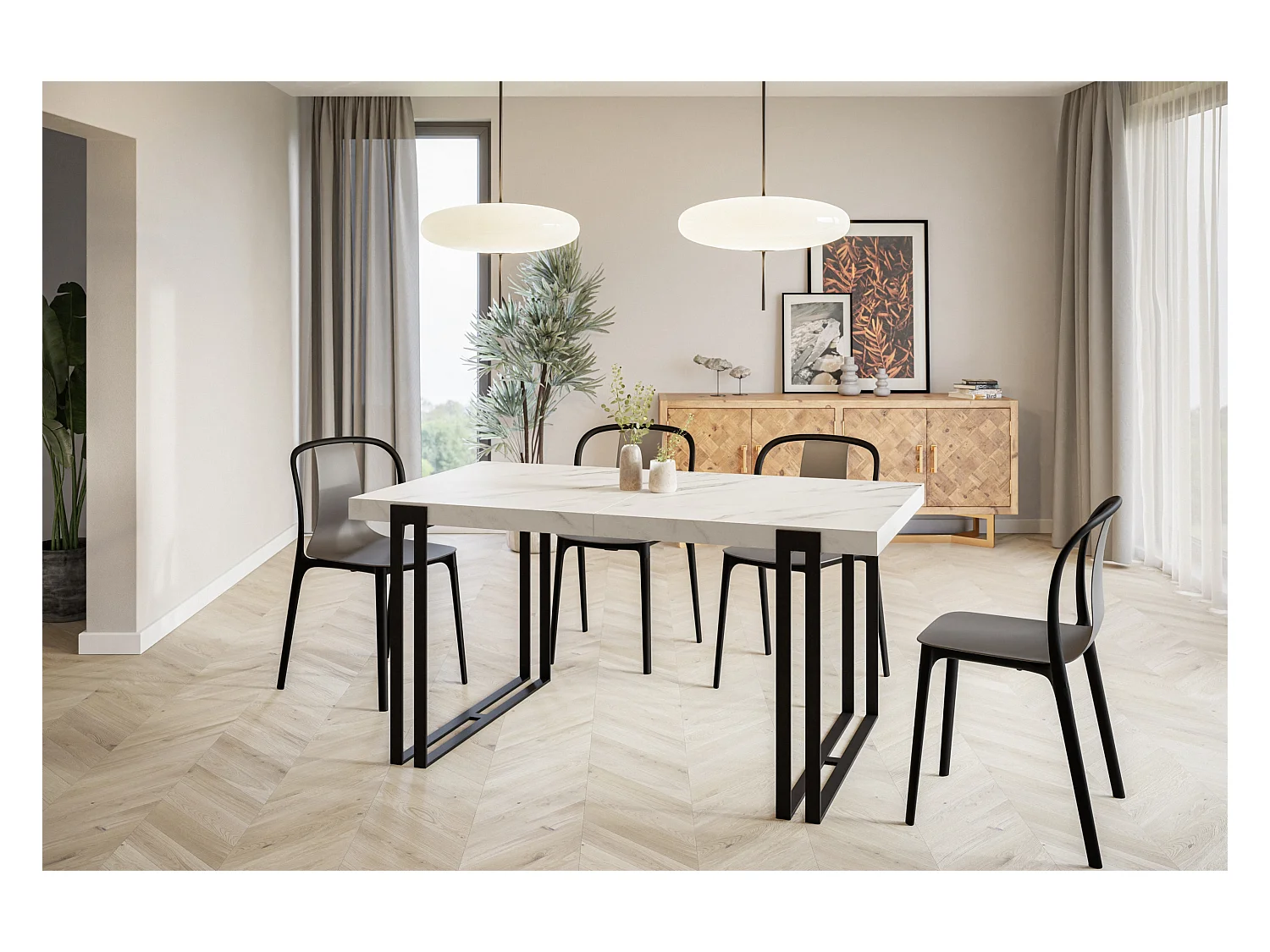 Table de salle à manger rectangulaire ROSA, table à rallonges, dimensions: 160-260X90X77 cm,couleur: MARBRE, avec pieds métalliques de couleur noire