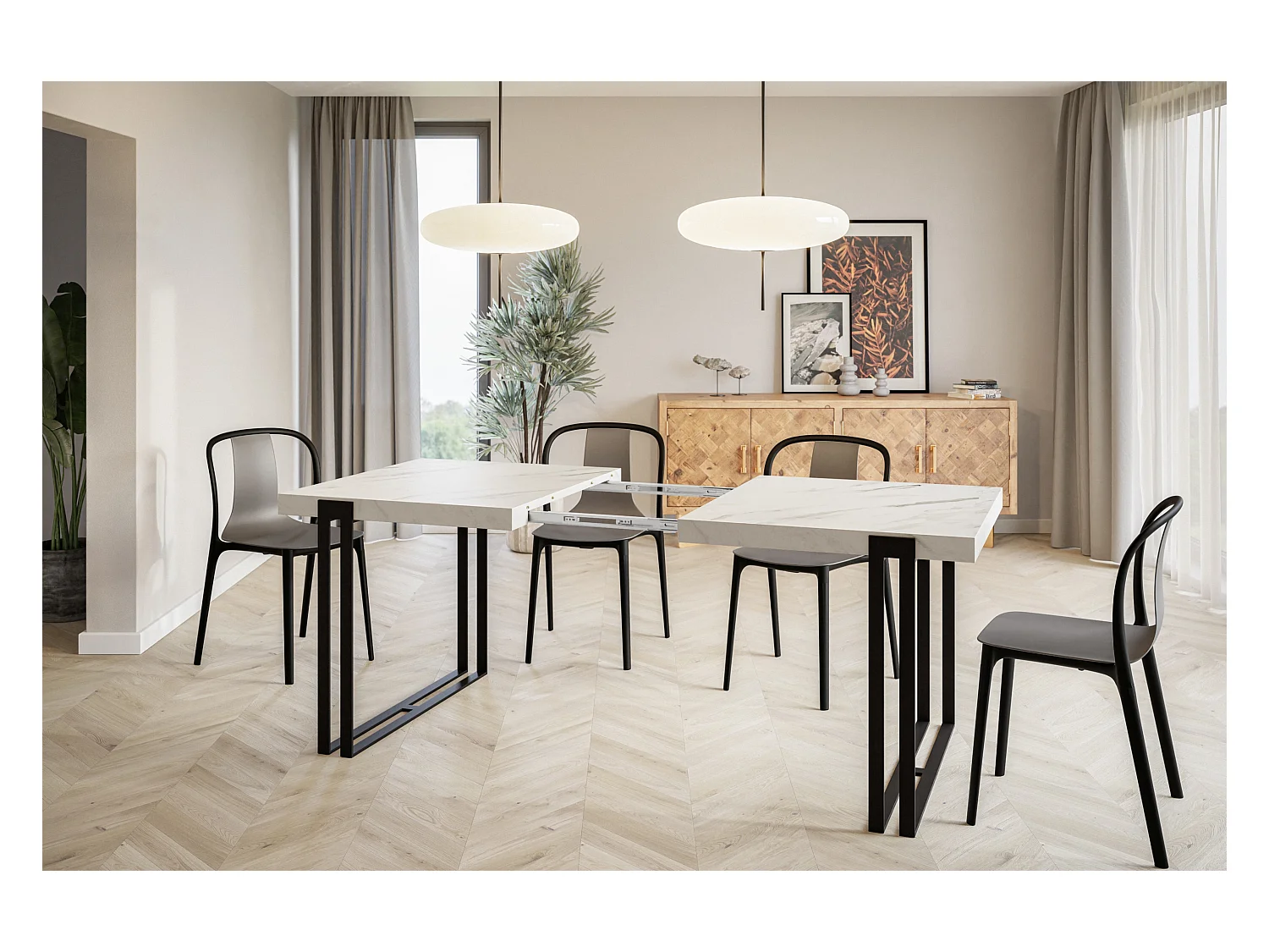 Table de salle à manger rectangulaire ROSA, table à rallonges, dimensions: 160-260X90X77 cm,couleur: MARBRE, avec pieds métalliques de couleur noire