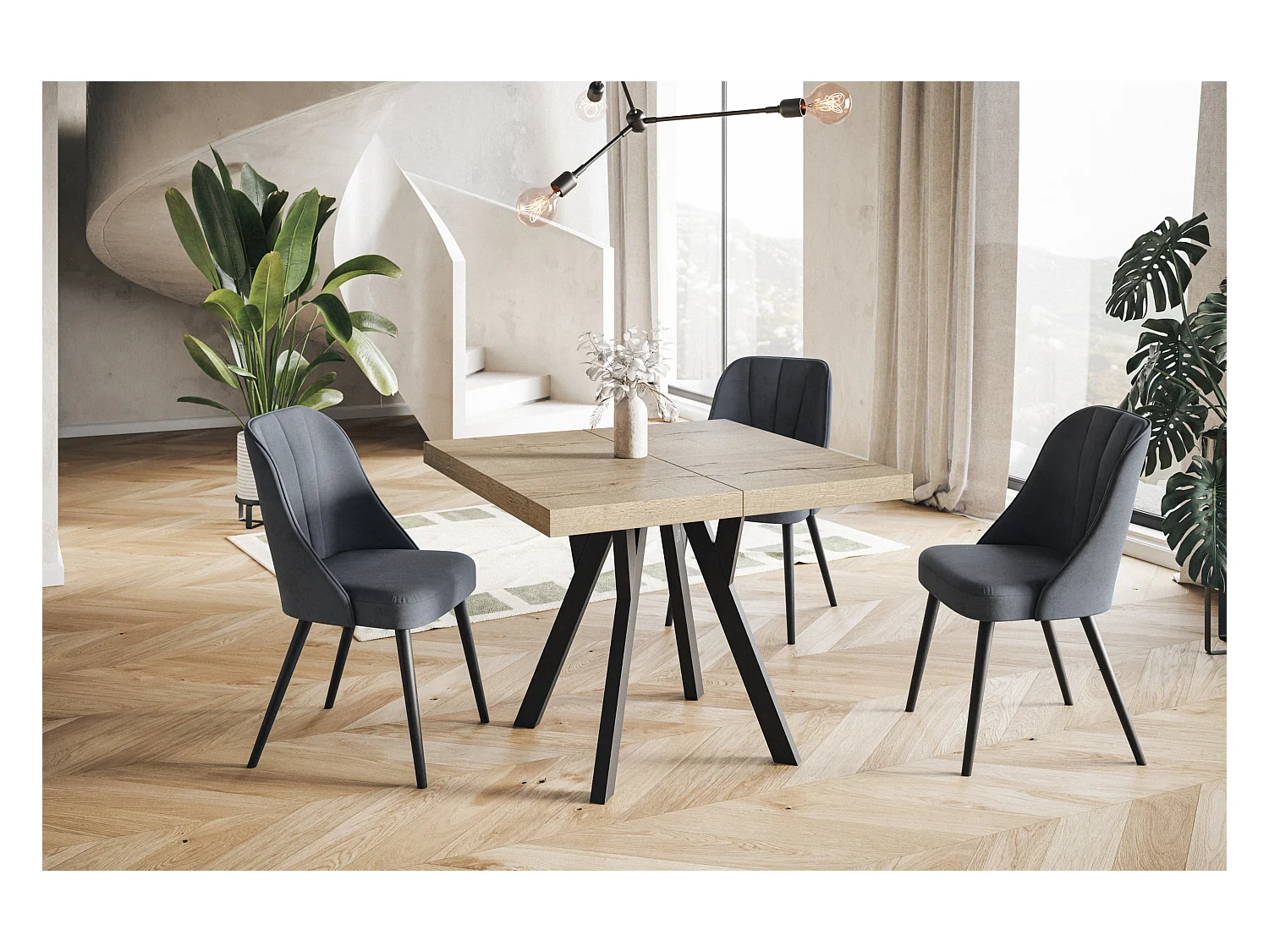 Table de salle à manger carrée RICO, table à rallonges, dimensions: 100-200X100X77 cm, couleur: HALIFAX, avec pieds en bois de couleur noire