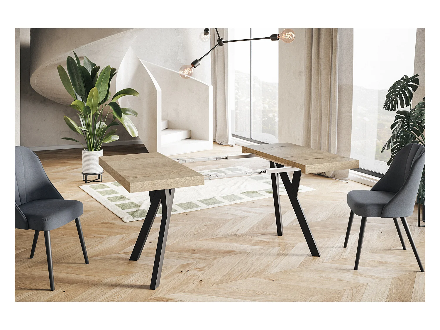 Table de salle à manger carrée RICO, table à rallonges, dimensions: 100-200X100X77 cm, couleur: HALIFAX, avec pieds en bois de couleur noire