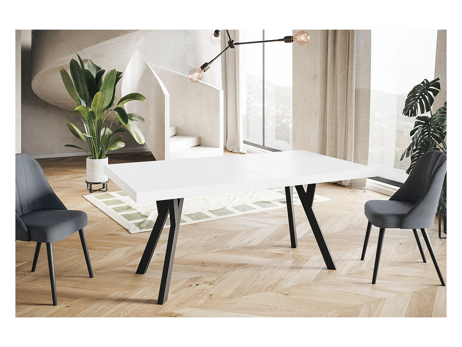 Table de salle à manger carrée RICO, table à rallonges, dimensions: 110-210X110X77 cm, couleur: blanc, avec pieds en bois de couleur noir