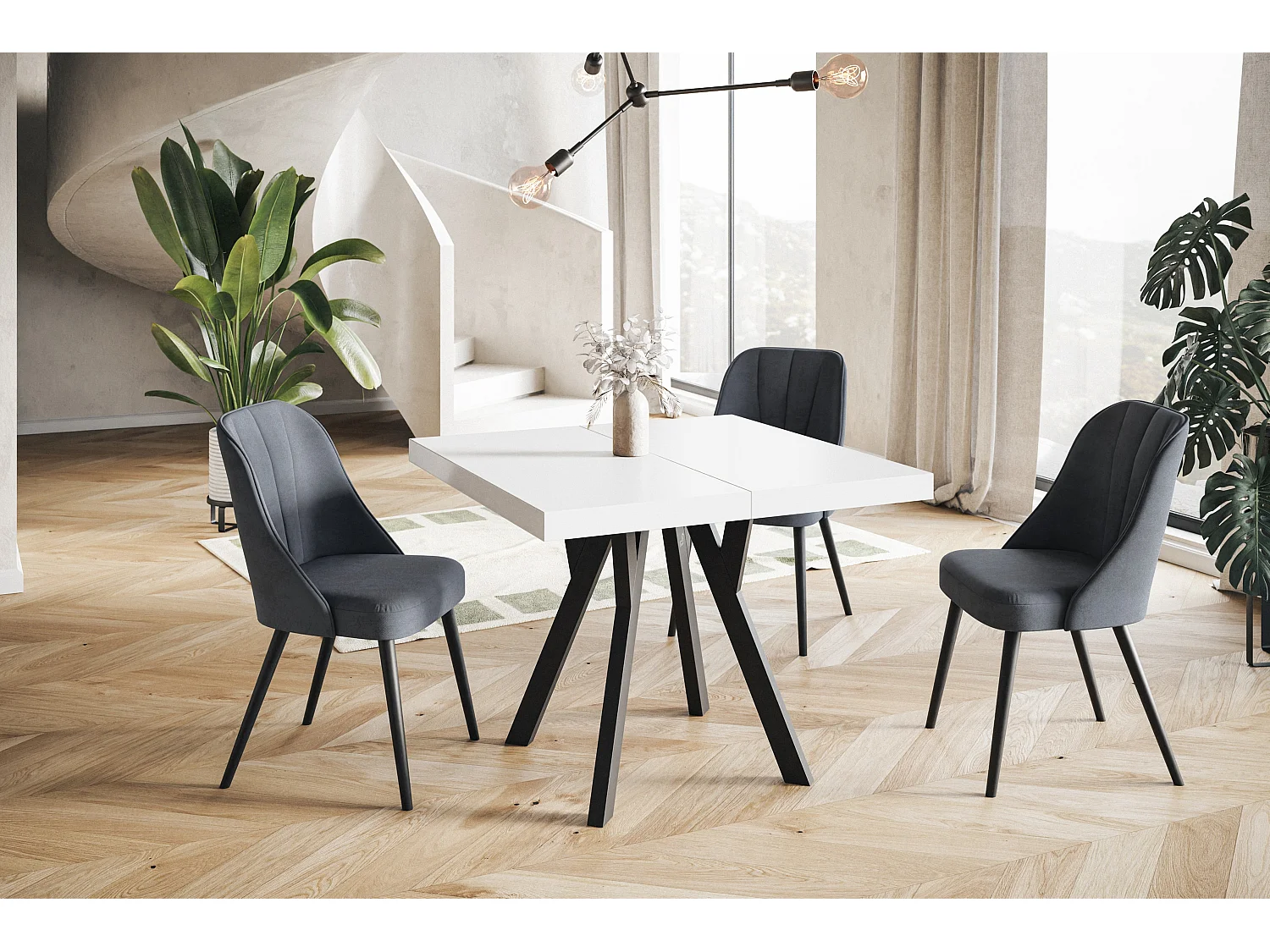 Table de salle à manger carrée RICO, table à rallonges, dimensions: 110-210X110X77 cm, couleur: blanc, avec pieds en bois de couleur noir