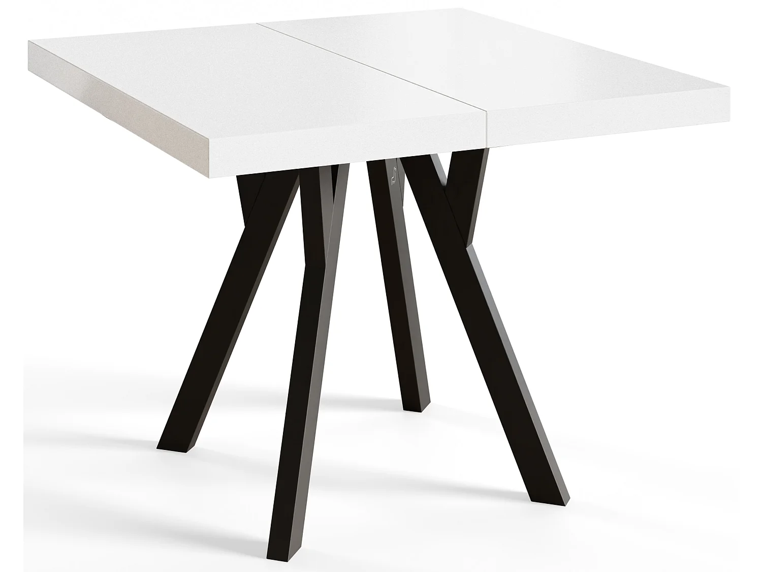 Table de salle à manger carrée RICO, table à rallonges, dimensions: 110-210X110X77 cm, couleur: blanc, avec pieds en bois de couleur noir
