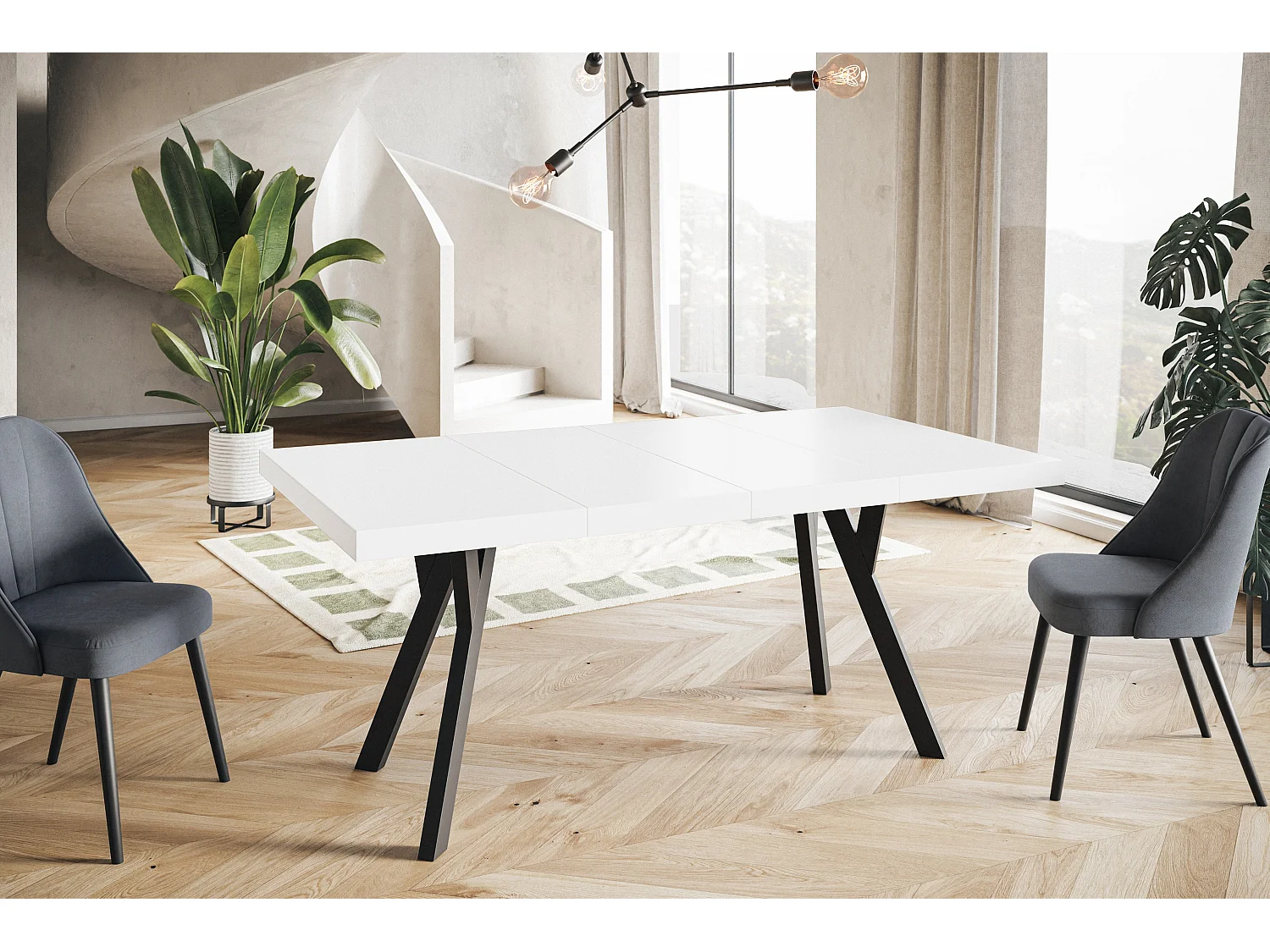 Table de salle à manger carrée RICO, table à rallonges, dimensions: 110-210X110X77 cm, couleur: blanc, avec pieds en bois de couleur noir