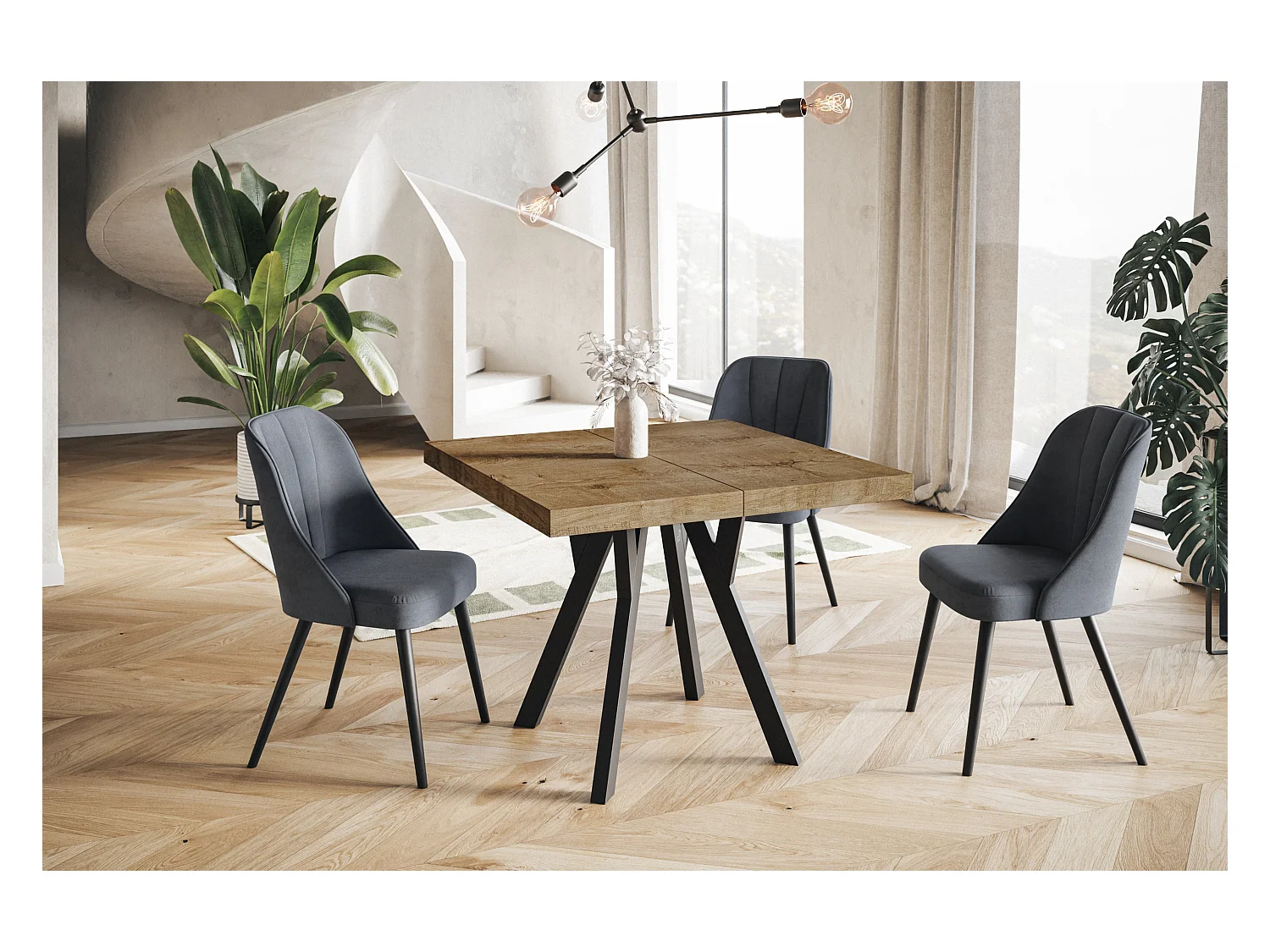 Table de salle à manger carrée RICO, table à rallonges, dimensions: 100-200X100X77 cm, couleur: LEFAKS, avec pieds en bois de couleur noire