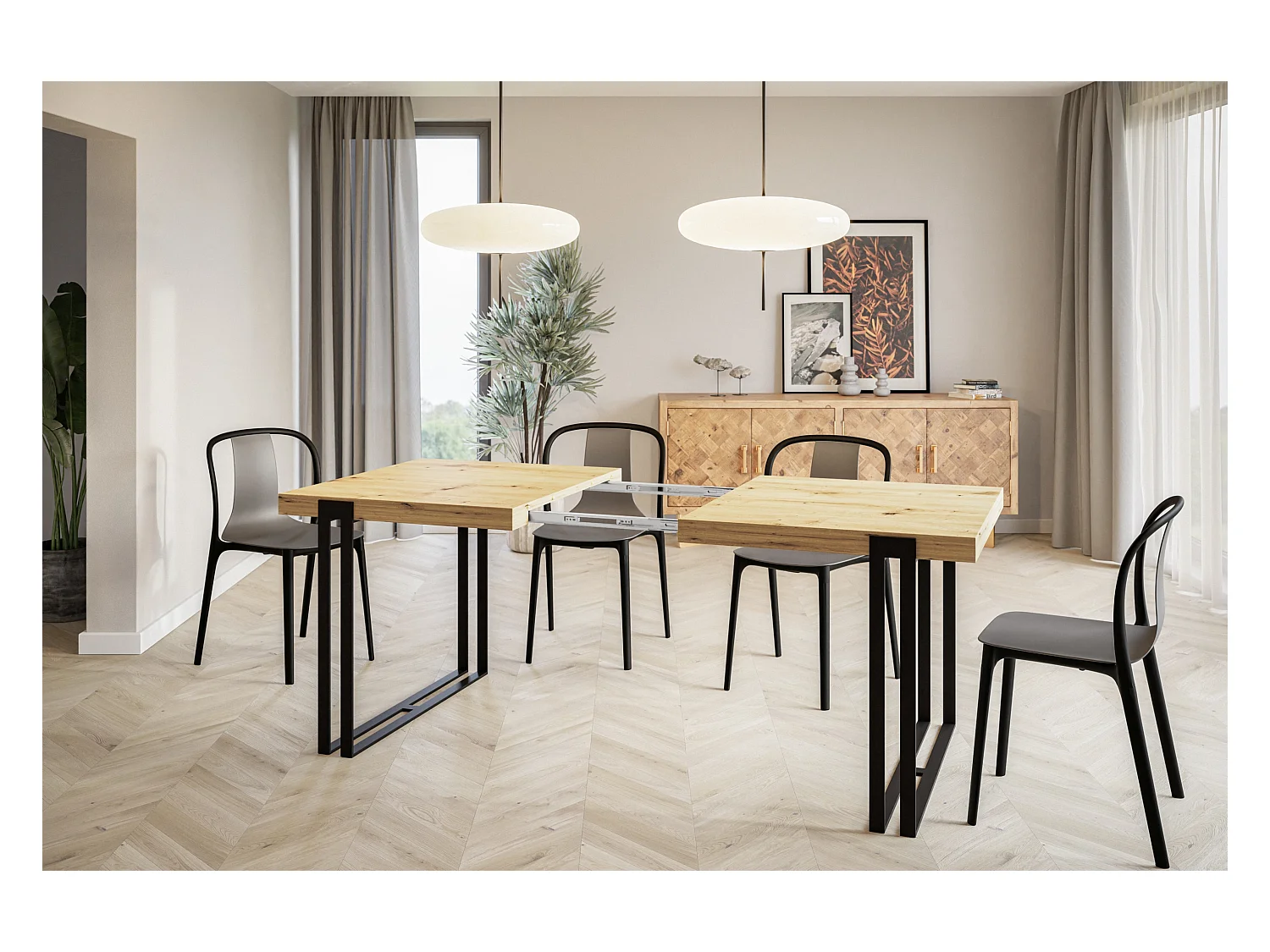 Table de salle à manger rectangulaire ROSA, table à rallonges, dimensions: 180-280X90X77 cm, couleur: ARTISAN, avec pieds métalliques de couleur noire