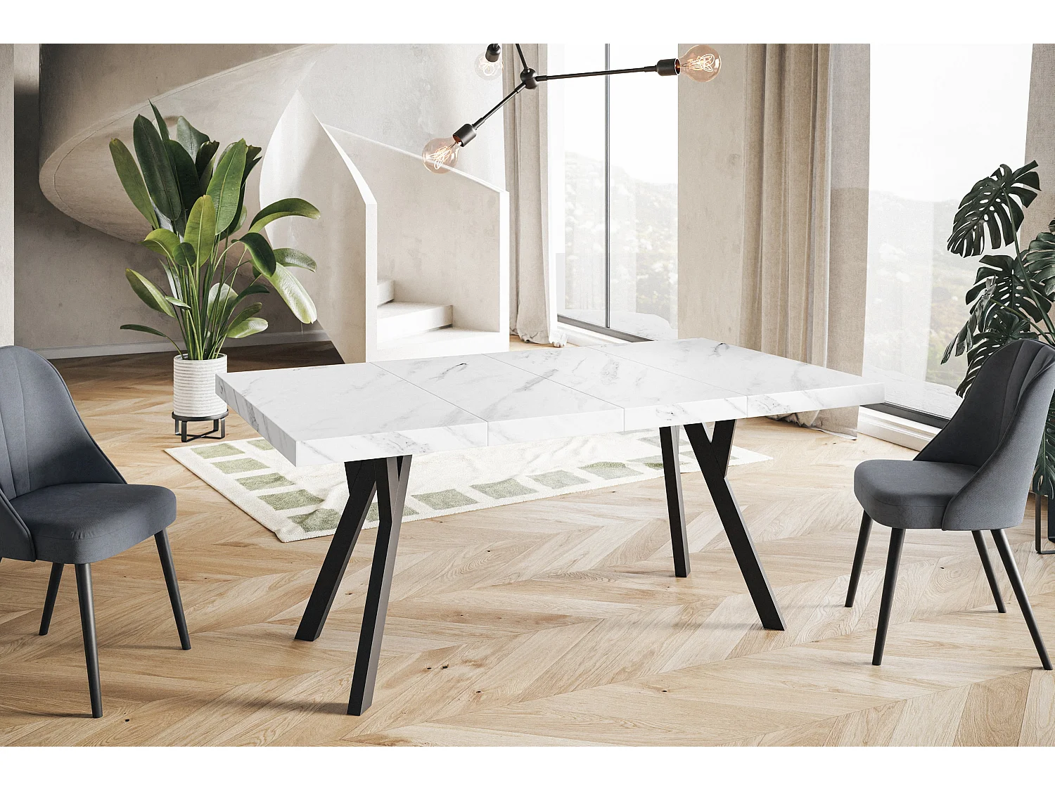 Table de salle à manger carrée RICO, table à rallonges, dimensions: 100-200X100X77 cm, couleur: MARMUR, avec pieds en bois de couleur noire