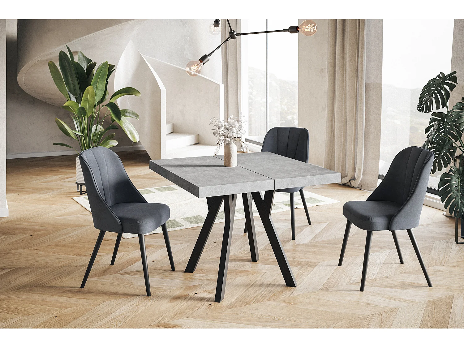 Table de salle à manger carrée RICO, table à rallonges, dimensions: 90-190X90X77 cm, couleur: graphite, avec pieds en bois de couleur noire