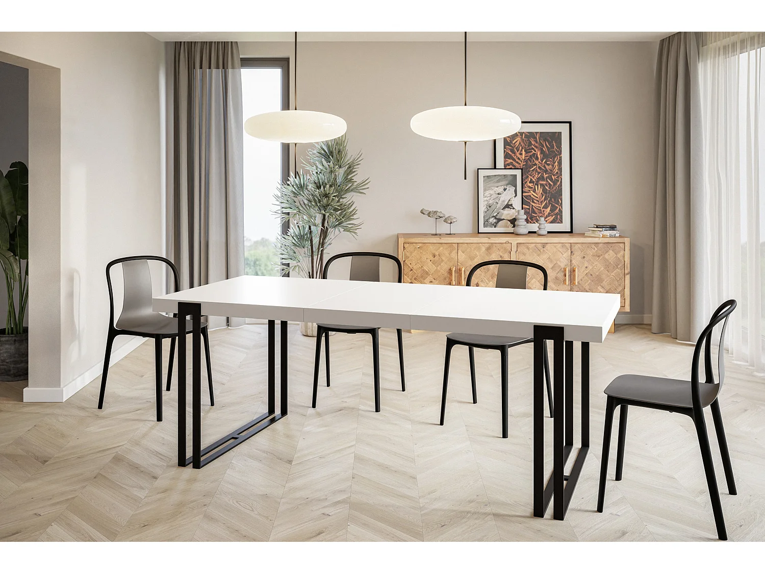 Table de salle à manger rectangulaire ROSA, table à rallonges, dimensions: 180-280X90X77 cm,couleur: blanc, avec pieds métalliques de couleur noir