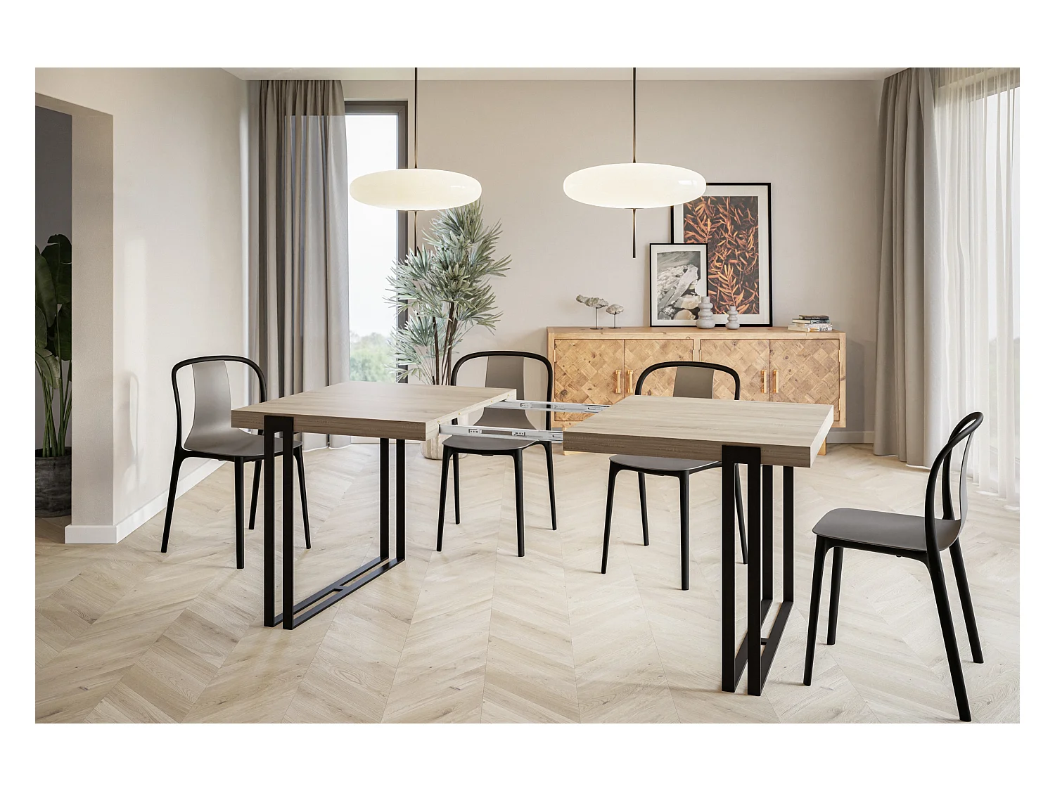 Table de salle à manger rectangulaire ROSA, table à rallonges, dimensions: 180-280X90X77 cm,couleur: SONOMA, avec pieds métalliques de couleur noire