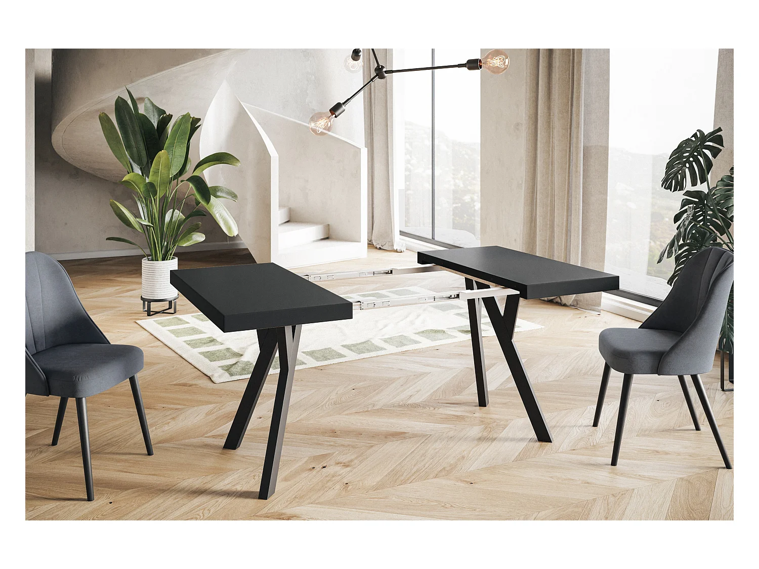 Table de salle à manger carrée RICO, table à rallonges, dimensions: 100-200X100X77 cm, couleur: noir, avec pieds en bois de couleur noire