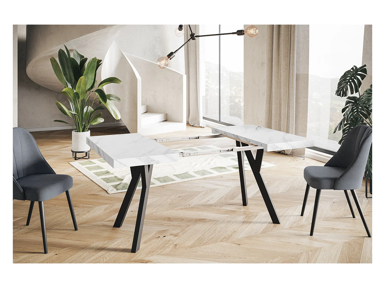 Table de salle à manger carrée RICO, table à rallonges, dimensions: 120-220X120X77 cm, couleur: MARMUR, avec pieds en bois de couleur noire