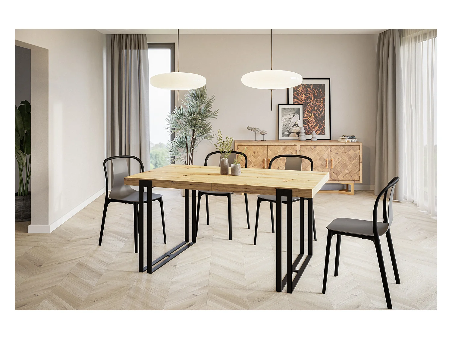 Table de salle à manger rectangulaire ROSA, table à rallonges, dimensions: 120-220X80X77 cm,couleur: ARTISAN, avec pieds métalliques couleur noir