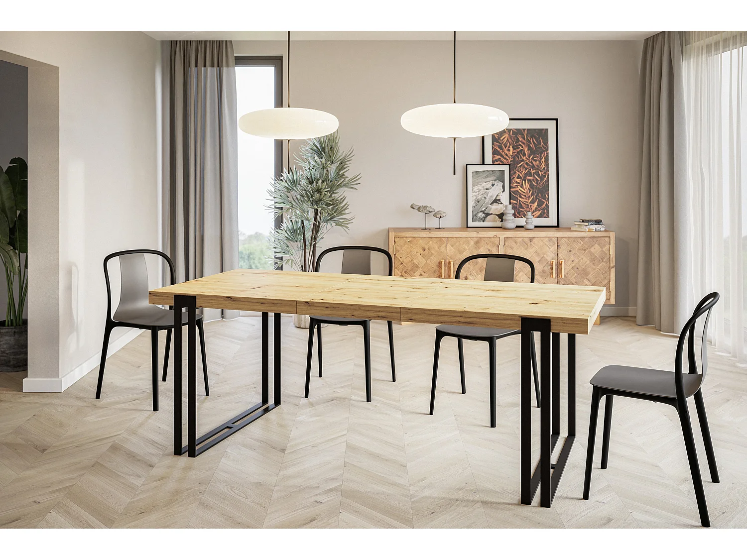 Table de salle à manger rectangulaire ROSA, table à rallonges, dimensions: 120-220X80X77 cm,couleur: ARTISAN, avec pieds métalliques couleur noir