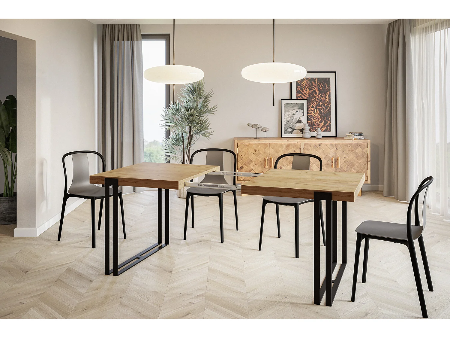 Table de salle à manger rectangulaire ROSA, table à rallonges, dimensions: 140-240X80X77 cm,couleur: CRAFT, avec pieds métalliques de couleur noire