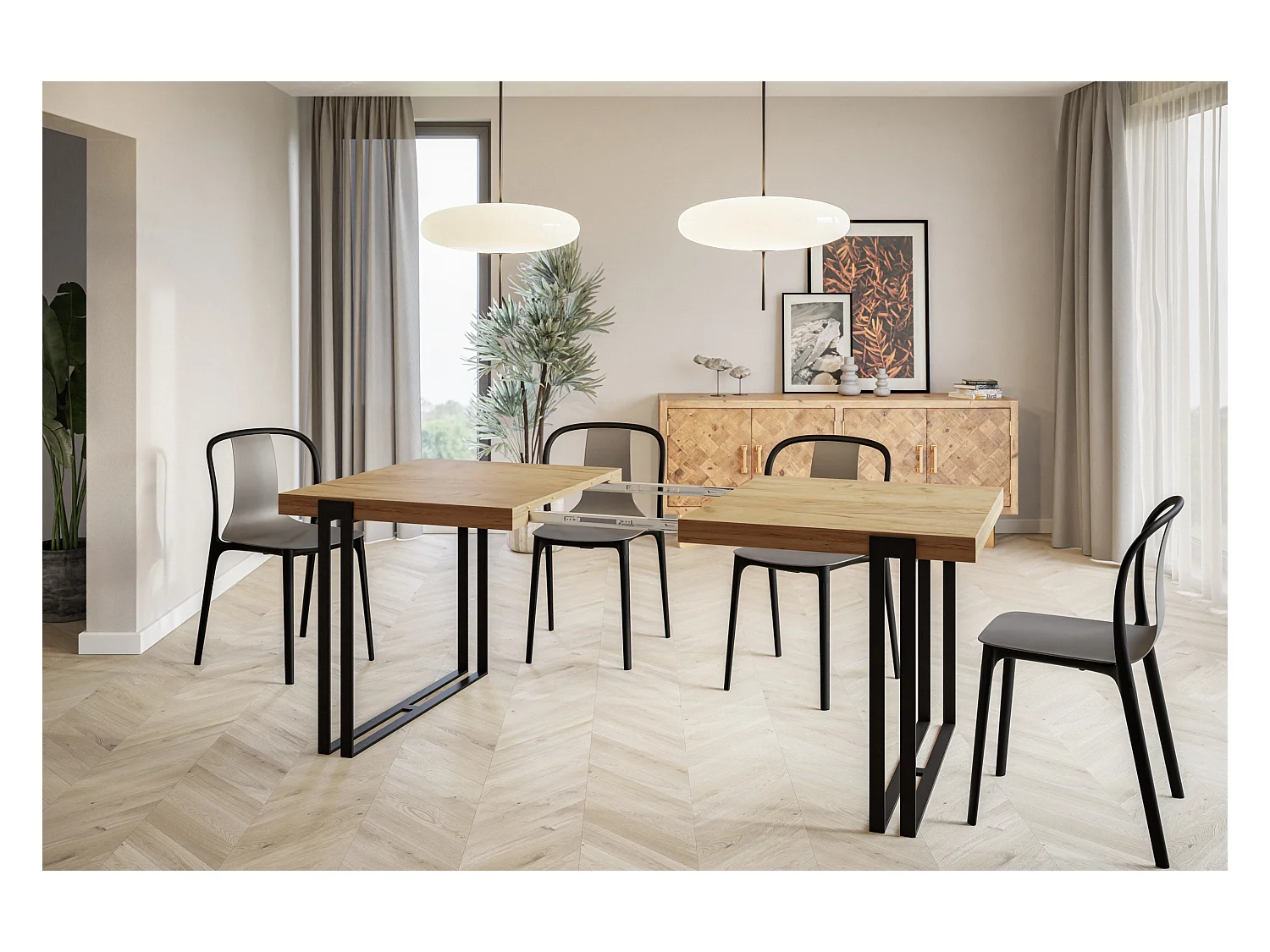 Table de salle à manger rectangulaire ROSA, table à rallonges, dimensions: 120-220X80X77 cm,couleur: CRAFT, avec pieds métalliques de couleur noire