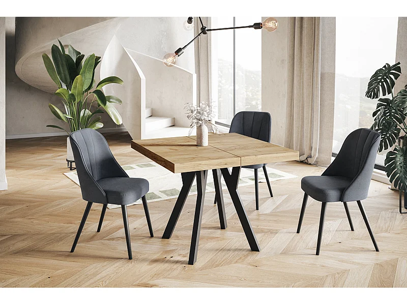 Table de salle à manger carrée RICO, table à rallonges, dimensions: 120-220 x 120 x 77 cm, couleur: CRAFT, avec pieds en bois de couleur noire