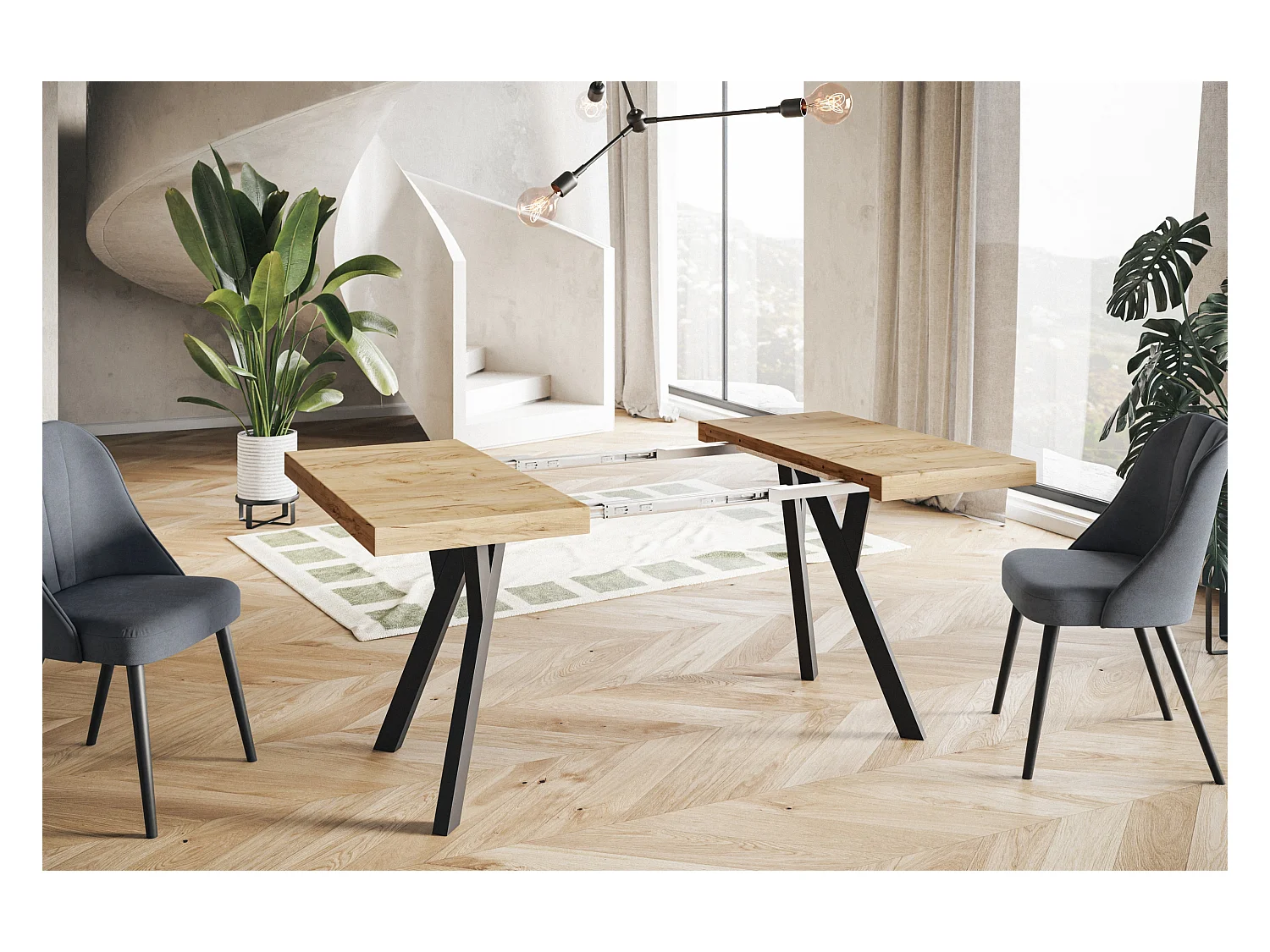 Table de salle à manger carrée RICO, table à rallonges, dimensions: 120-220 x 120 x 77 cm, couleur: CRAFT, avec pieds en bois de couleur noire