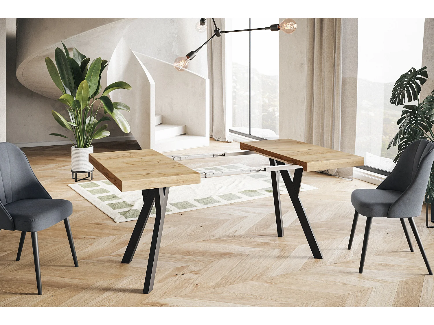 Table de salle à manger carrée RICO, table à rallonges, dimensions: 120-220 x 120 x 77 cm, couleur: CRAFT, avec pieds en bois de couleur noire