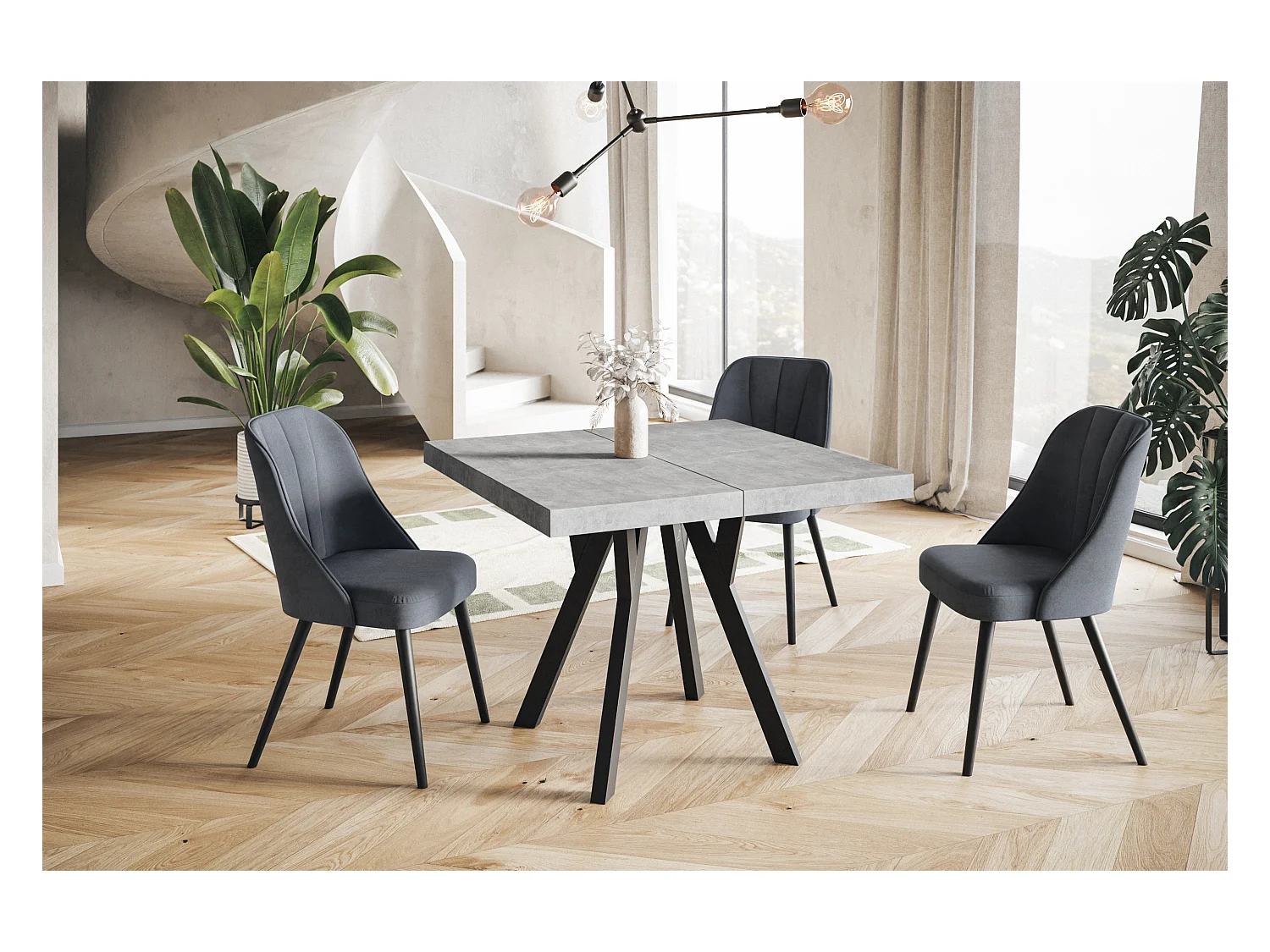 Table de salle à manger carrée RICO, table à rallonges, dimensions: 100-200X100X77 cm, couleur: graphite, avec pieds en bois de couleur noire