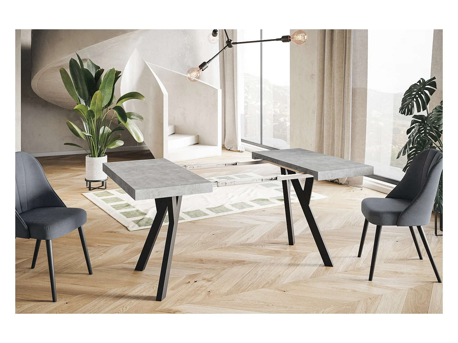 Table de salle à manger carrée RICO, table à rallonges, dimensions: 100-200X100X77 cm, couleur: graphite, avec pieds en bois de couleur noire