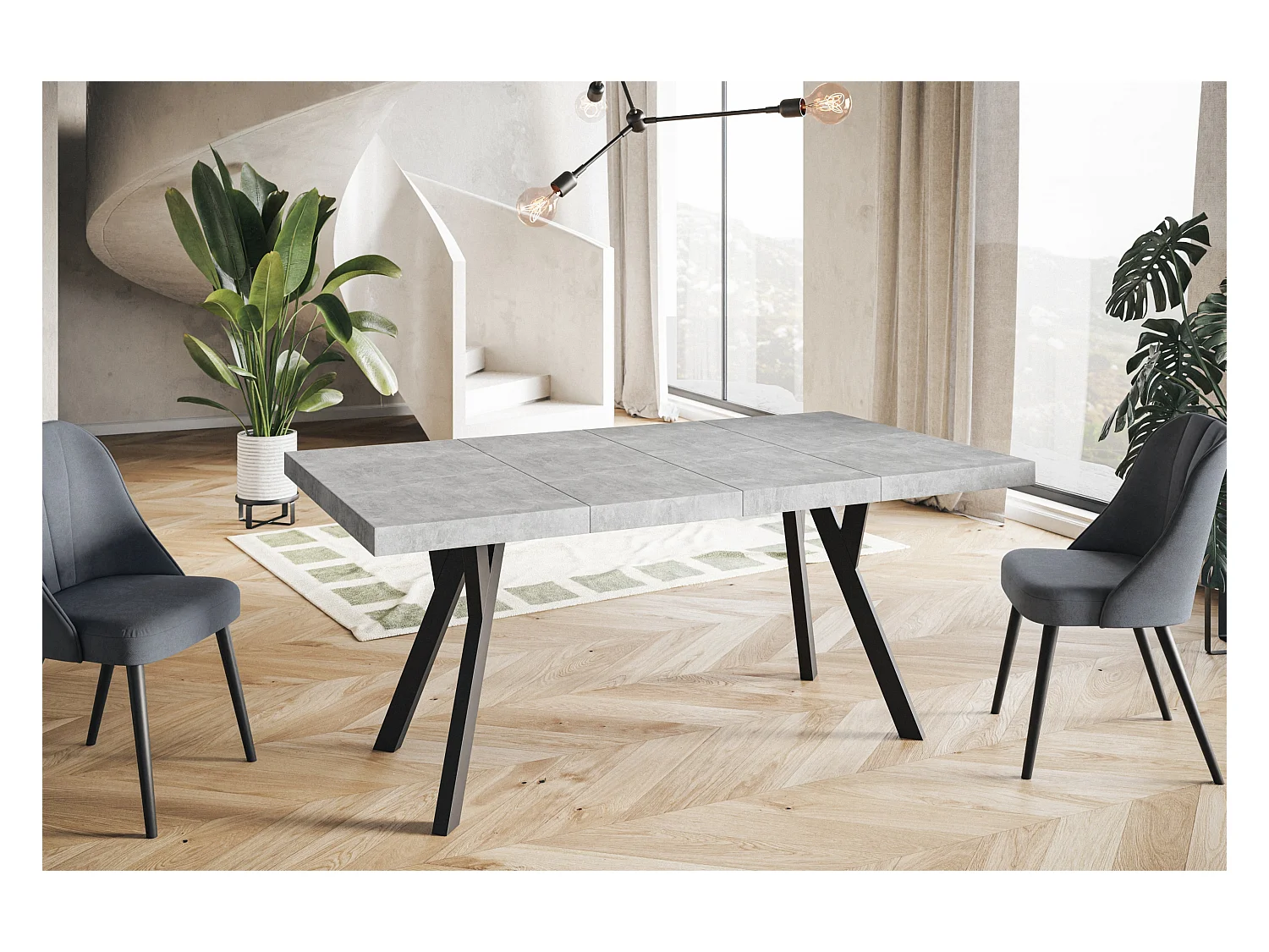 Table de salle à manger carrée RICO, table à rallonges, dimensions: 100-200X100X77 cm, couleur: graphite, avec pieds en bois de couleur noire
