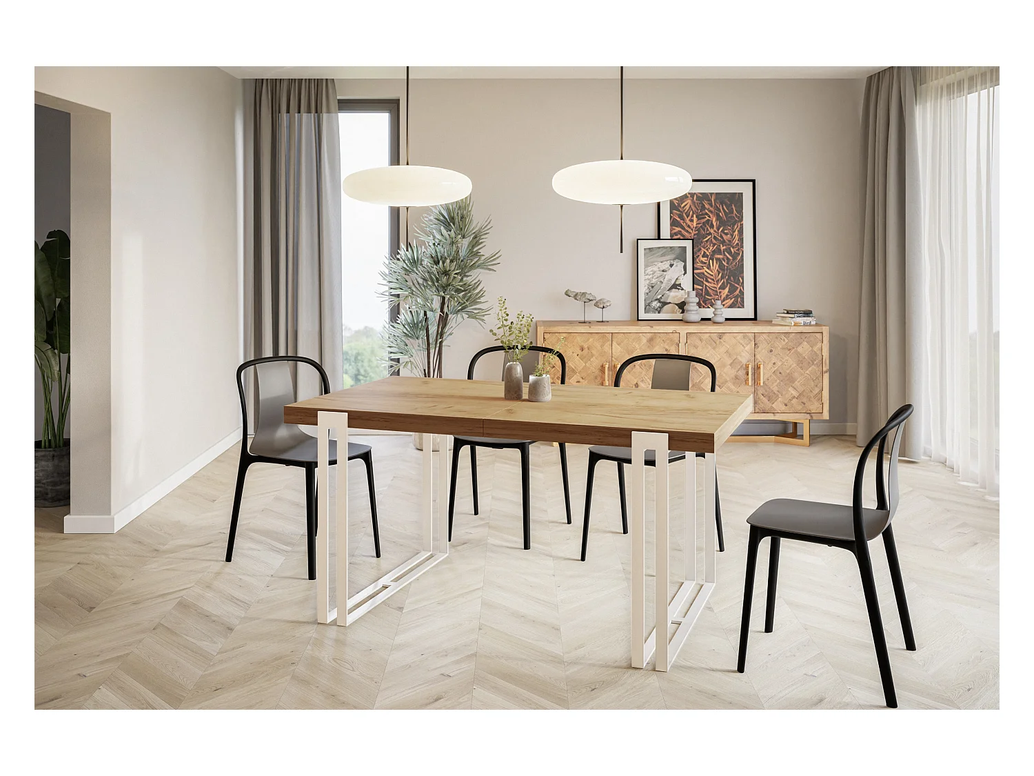 Table de salle à manger rectangulaire ROSA, table à rallonges, dimensions: 160-260X90X77 cm,couleur: CRAFT, avec pieds métalliques de couleur blanche