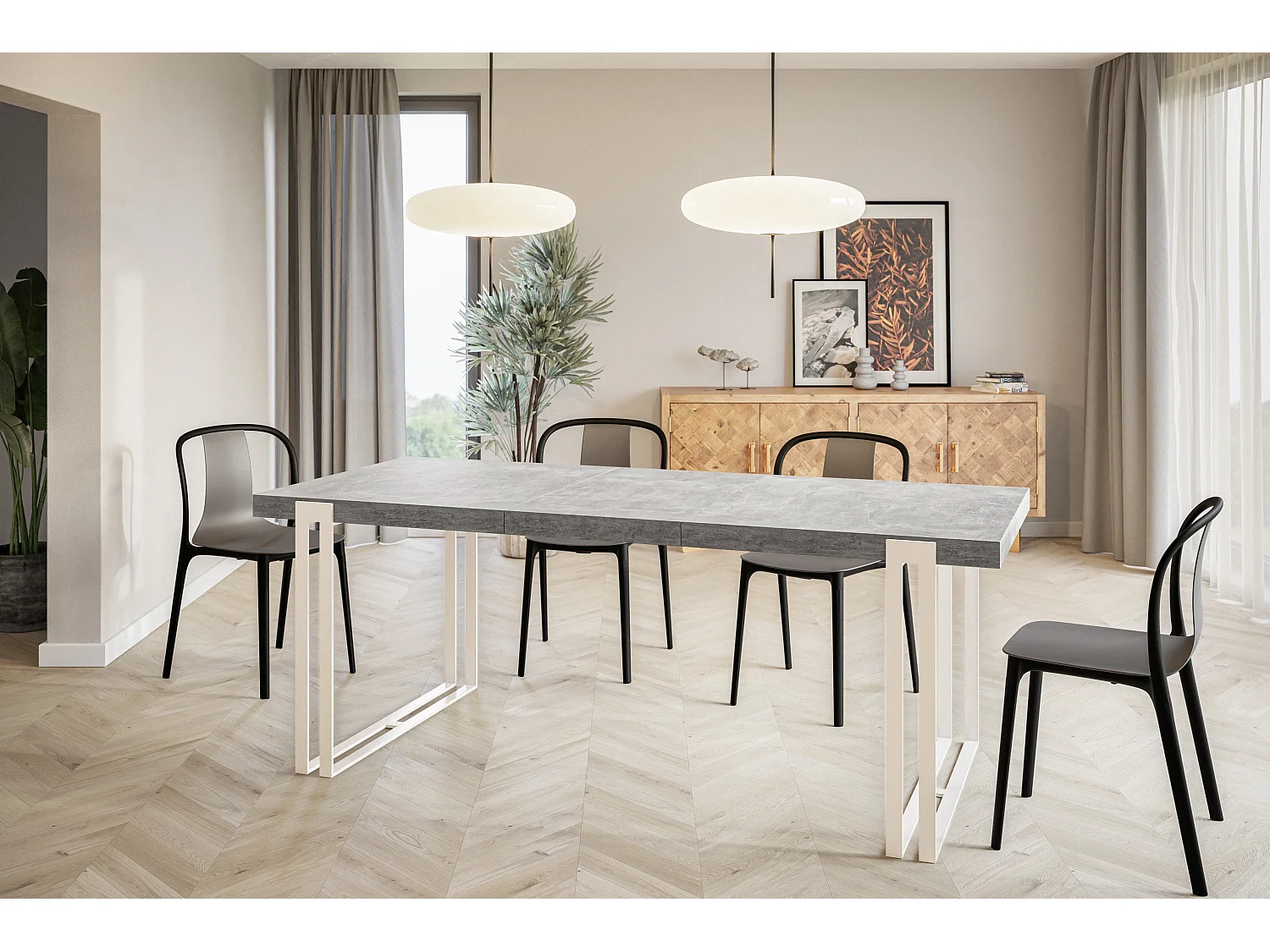 Table de salle à manger rectangulaire ROSA, table à rallonges, dimensions: 160-260X90X77 cm, couleur: gris clair, avec pieds métalliques de couleur blanche