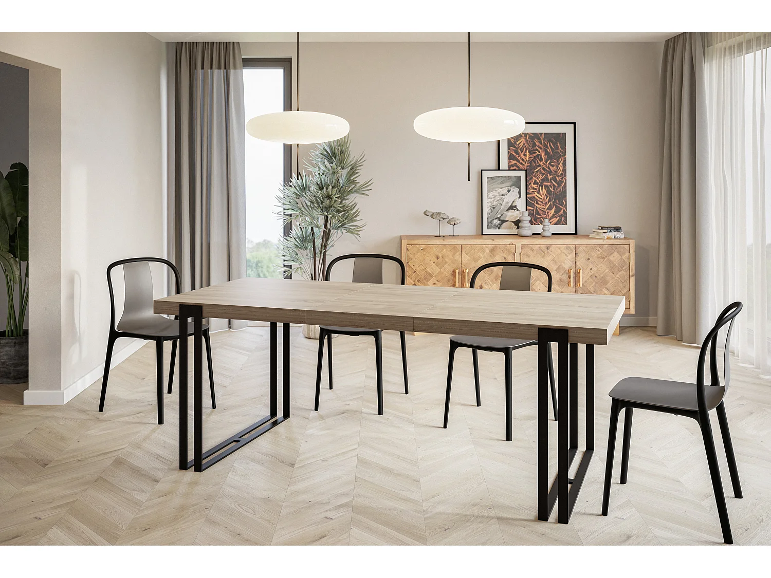 Table de salle à manger rectangulaire ROSA, table à rallonges, dimensions: 120-220X80X77 cm,couleur: SONOMA, avec pieds métalliques de couleur noire