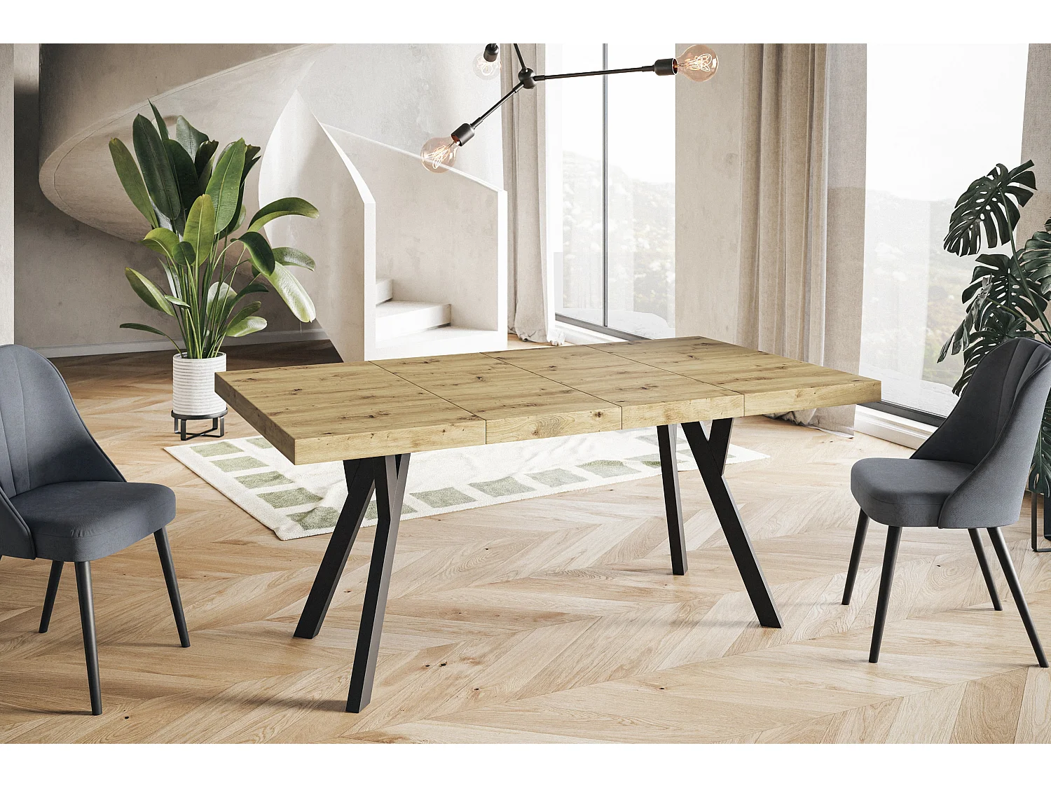 Table de salle à manger carrée RICO, table à rallonges, dimensions: 90-190X90X77 cm, couleur: ARTISAN, avec pieds en bois de couleur noire