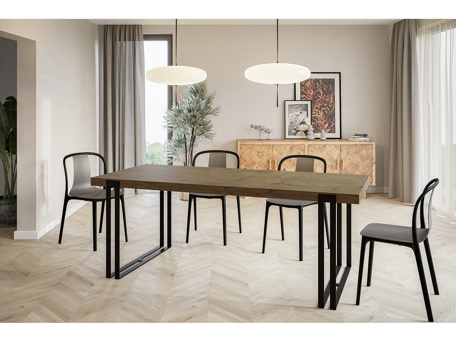 Table de salle à manger rectangulaire ROSA, table à rallonges, dimensions: 140-240X80X77 cm,couleur: LEFKAS, avec pieds métalliques de couleur noire