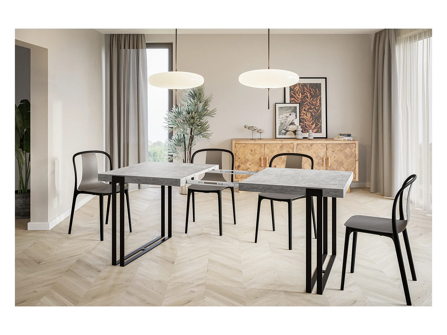 Table de salle à manger rectangulaire ROSA, table à rallonges, dimensions: 160-260X90X77 cm, couleur: gris clair, avec pieds métalliques de couleur noire