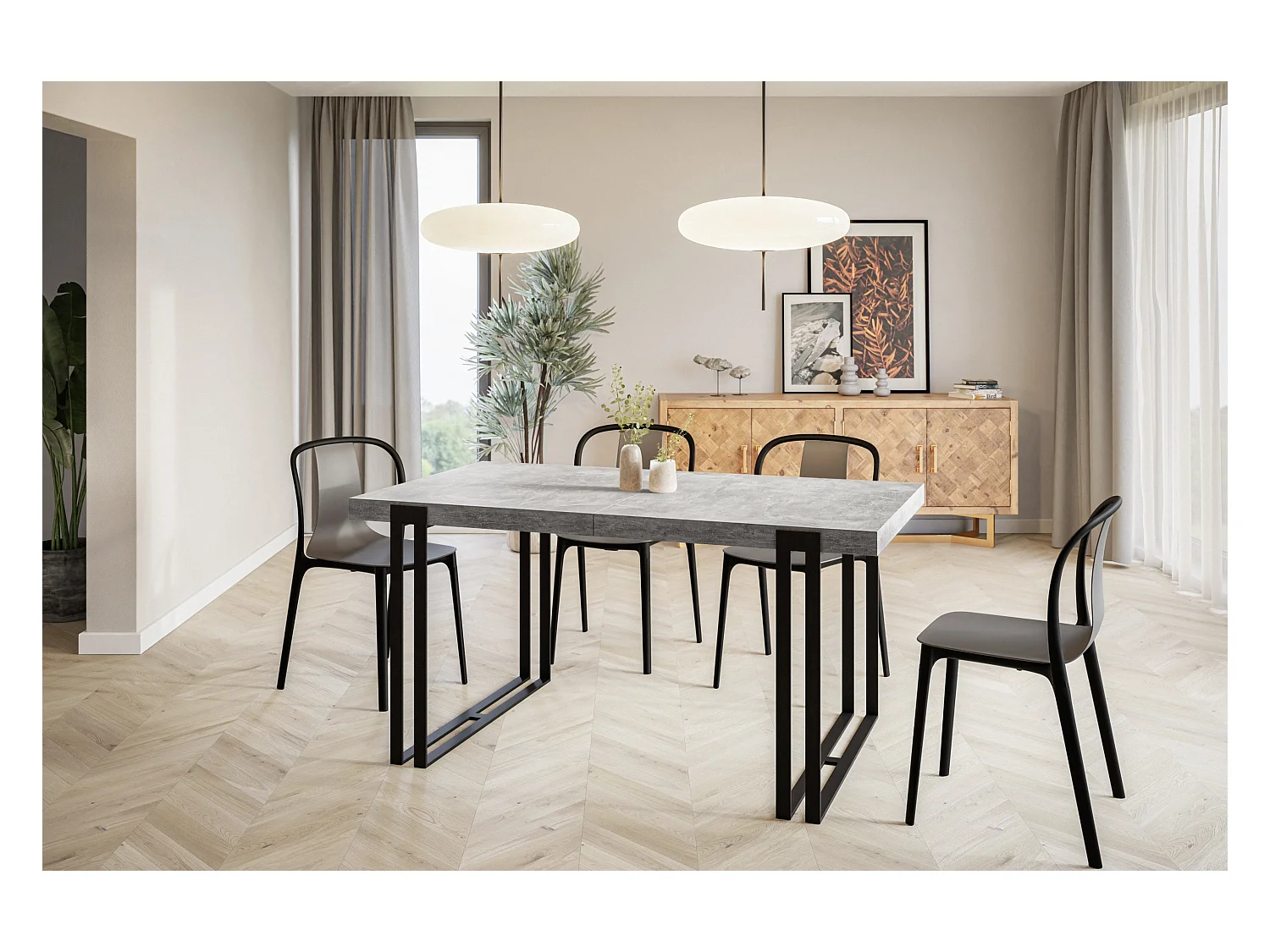 Table de salle à manger rectangulaire ROSA, table à rallonges, dimensions: 160-260X90X77 cm, couleur: gris clair, avec pieds métalliques de couleur noire