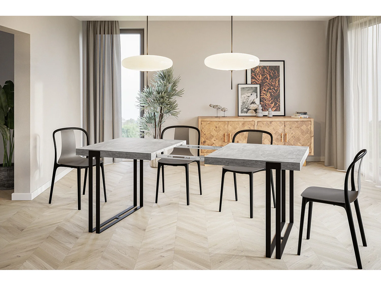 Table de salle à manger rectangulaire ROSA, table à rallonges, dimensions: 160-260X90X77 cm, couleur: gris clair, avec pieds métalliques de couleur noire