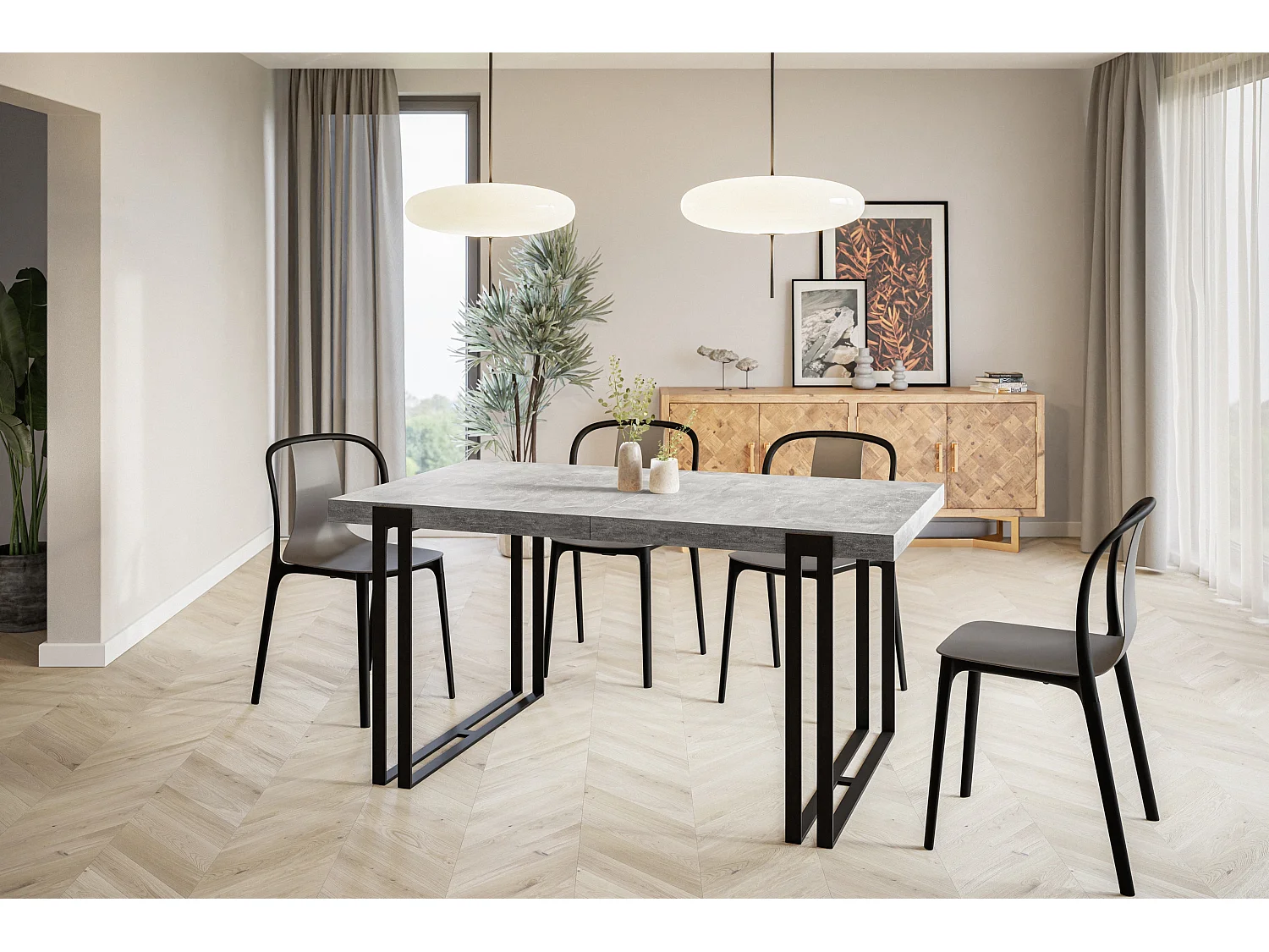 Table de salle à manger rectangulaire ROSA, table à rallonges, dimensions: 140-240X80X77 cm,couleur: gris clair, avec pieds métalliques de couleur noire