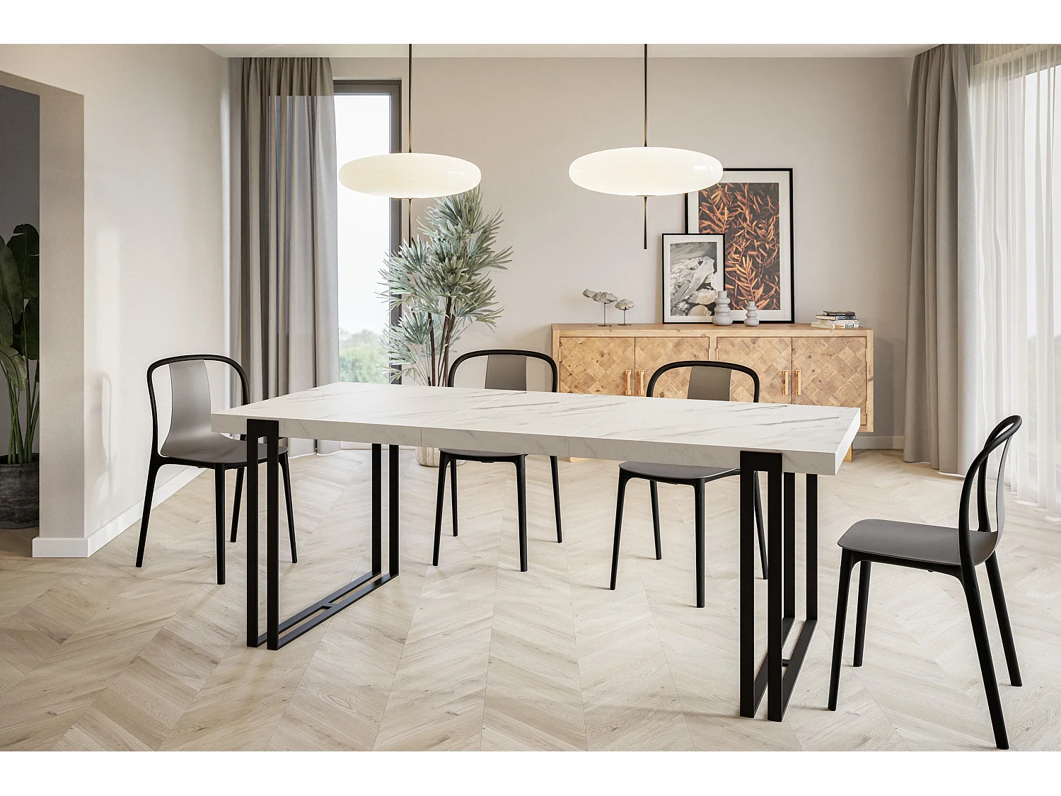 Table de salle à manger rectangulaire ROSA, table à rallonges, dimensions: 120-220X80X77 cm, couleur: MARMUR, avec pieds métalliques de couleur noire