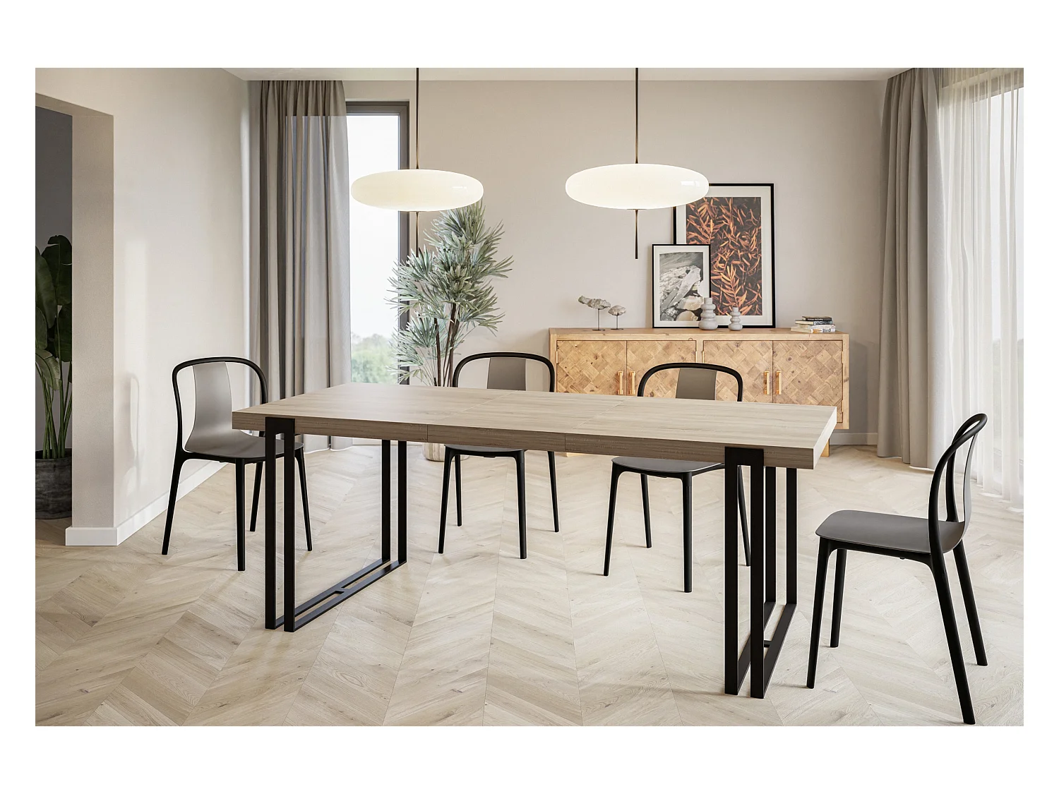 Table de salle à manger rectangulaire ROSA, table à rallonges, dimensions: 140-240X80X77 cm,couleur: SONOMA, avec pieds métalliques de couleur noire