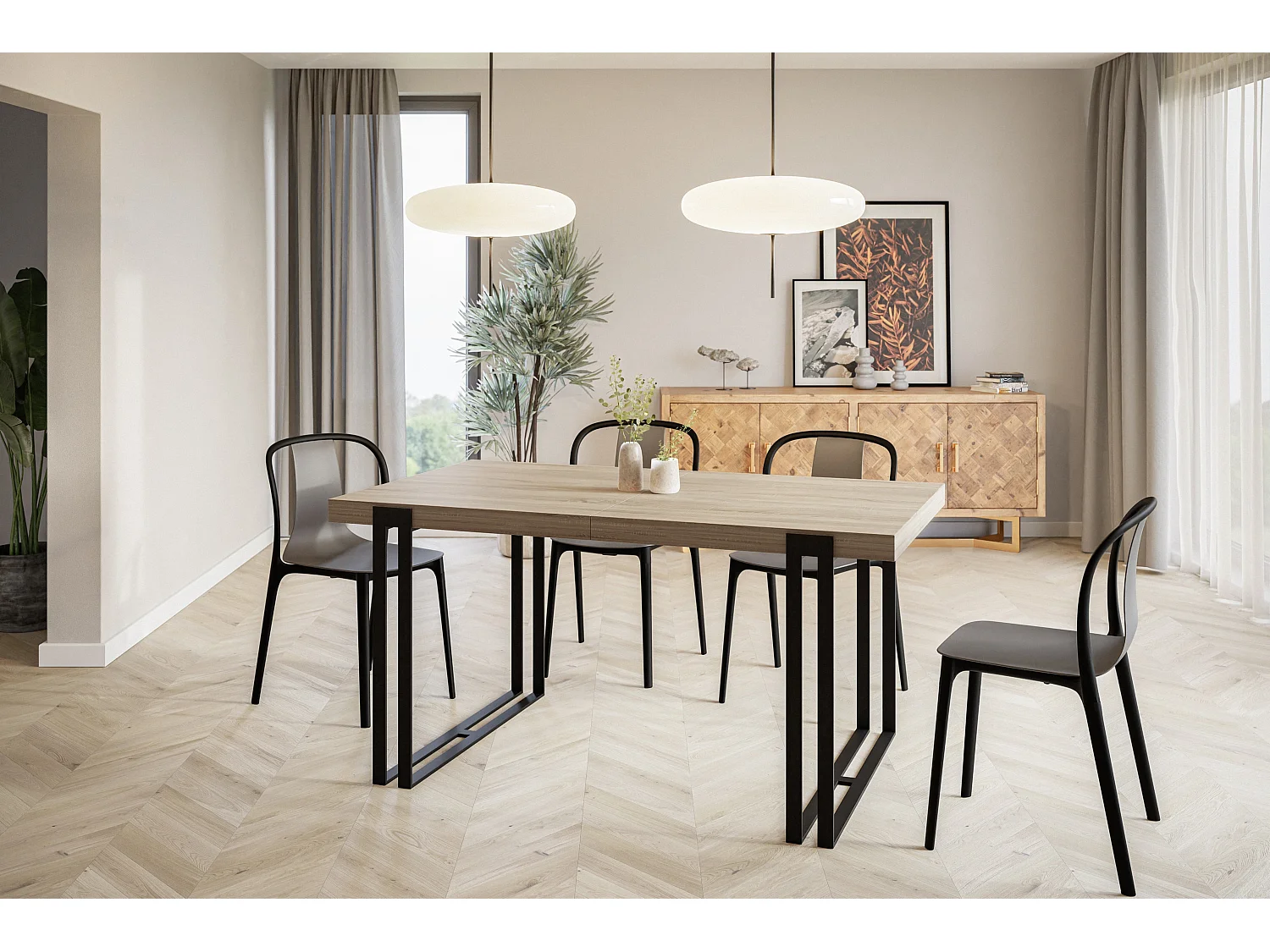 Table de salle à manger rectangulaire ROSA, table à rallonges, dimensions: 140-240X80X77 cm,couleur: SONOMA, avec pieds métalliques de couleur noire