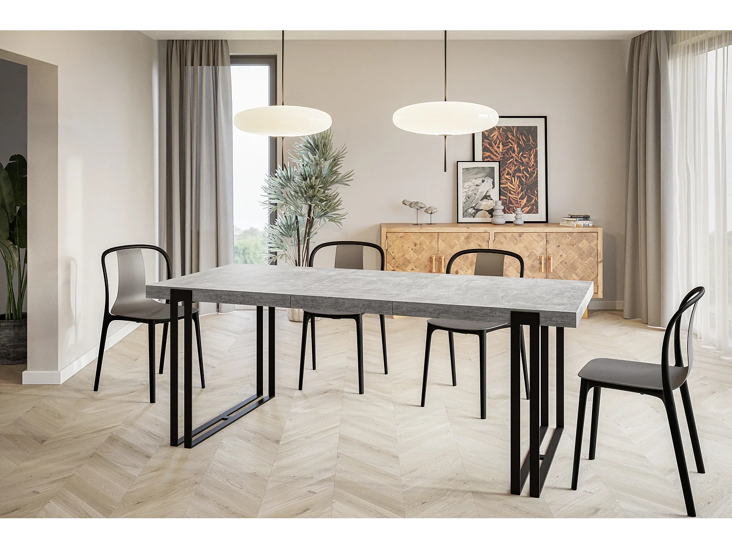 Table de salle à manger rectangulaire ROSA, table à rallonges, dimensions: 120-220X80X77 cm,couleur: gris clair, avec pieds métalliques de couleur noire