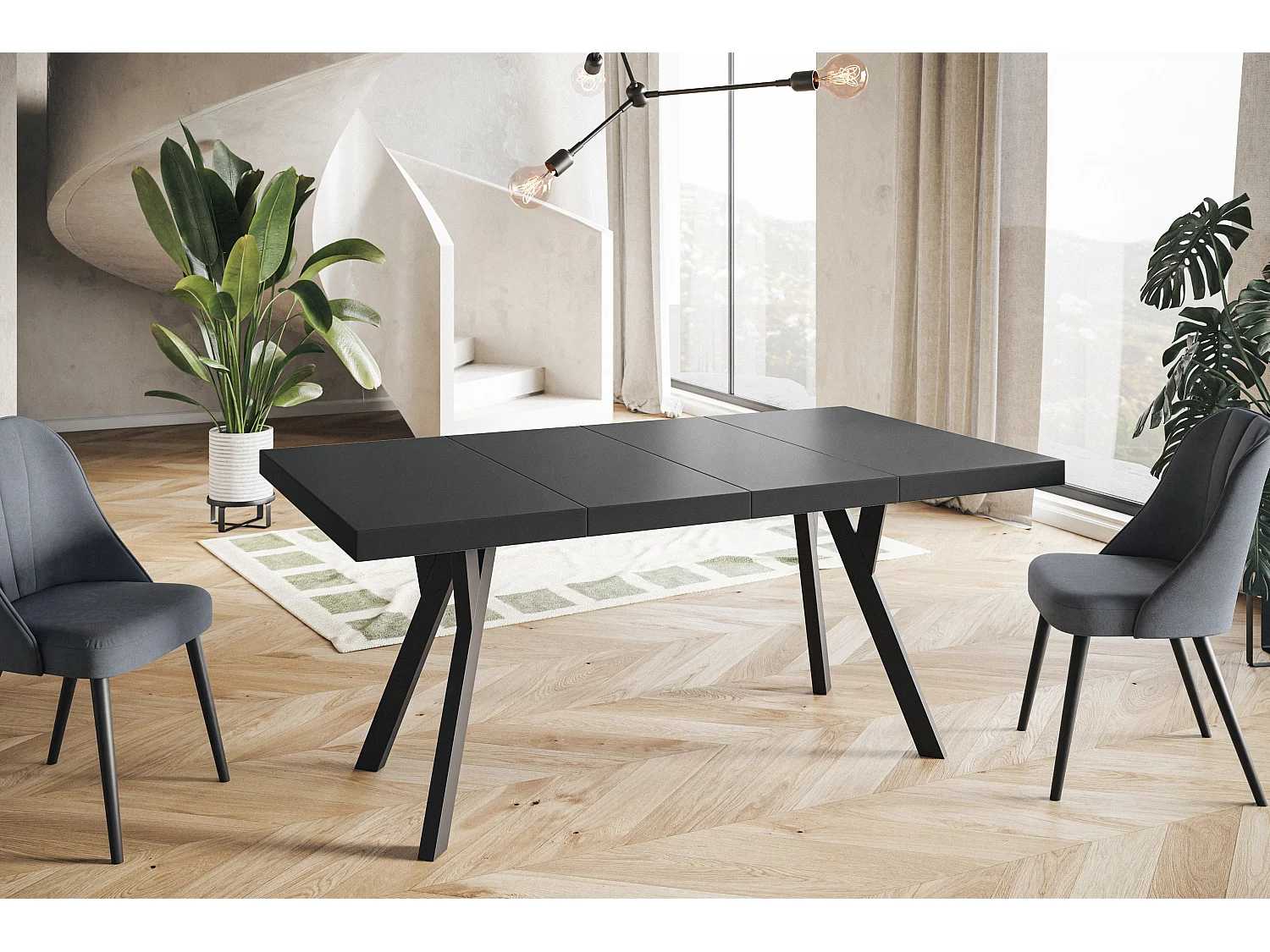 Table de salle à manger carrée RICO, table à rallonges, dimensions: 90-190X90X77 cm, couleur: noir, avec pieds en bois de couleur noire