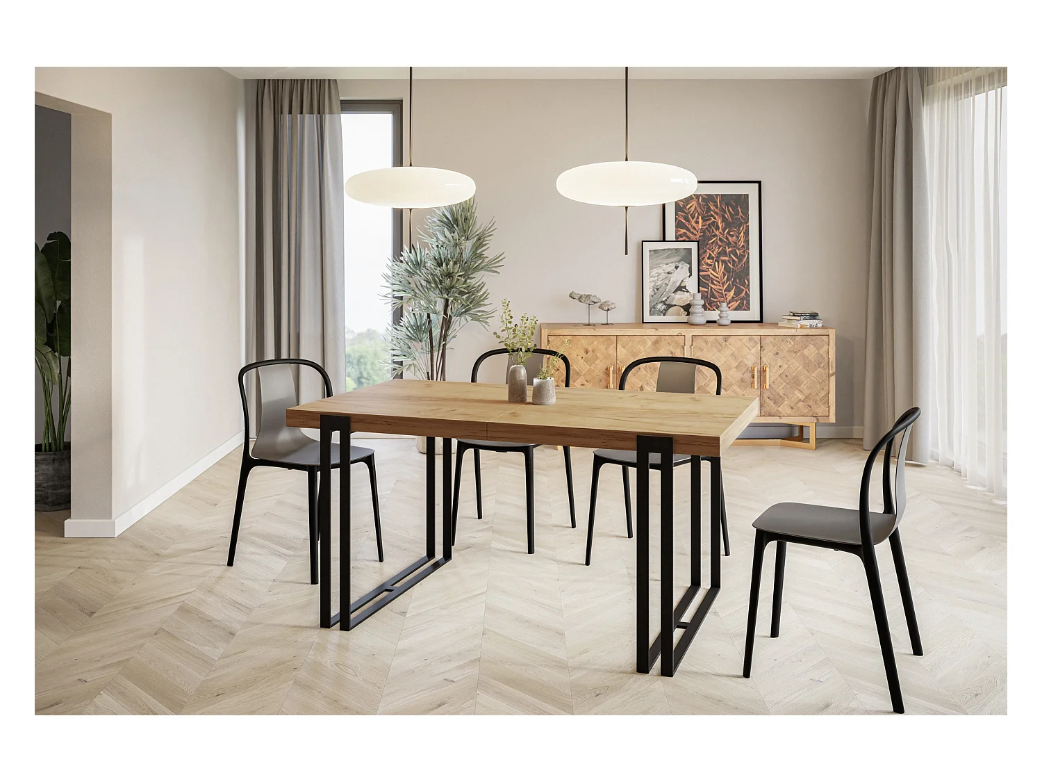 Table de salle à manger rectangulaire ROSA, table à rallonges, dimensions: 160-260X90X77 cm,couleur: CRAFT, avec pieds métalliques de couleur noire