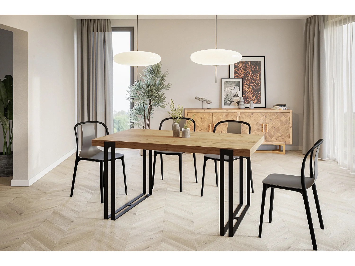 Table de salle à manger rectangulaire ROSA, table à rallonges, dimensions: 160-260X90X77 cm,couleur: CRAFT, avec pieds métalliques de couleur noire