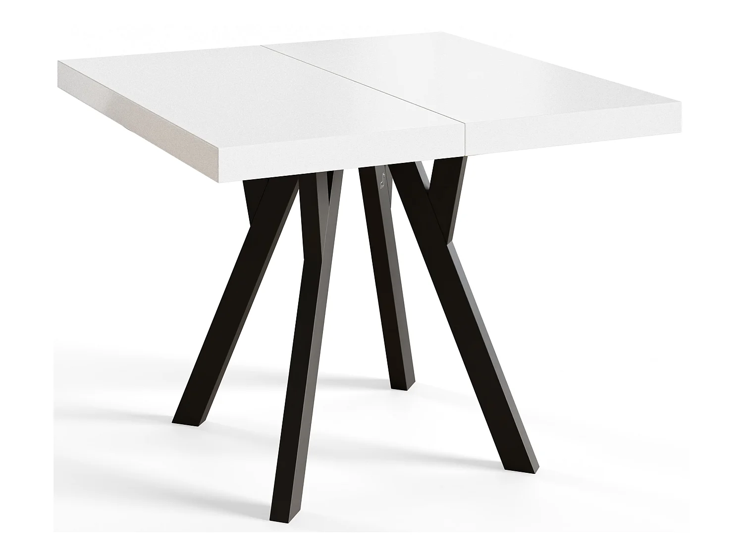 Table de salle à manger carrée RICO, table à rallonges, dimensions: 100-200X100X77 cm, couleur: blanc, avec pieds en bois de couleur noir