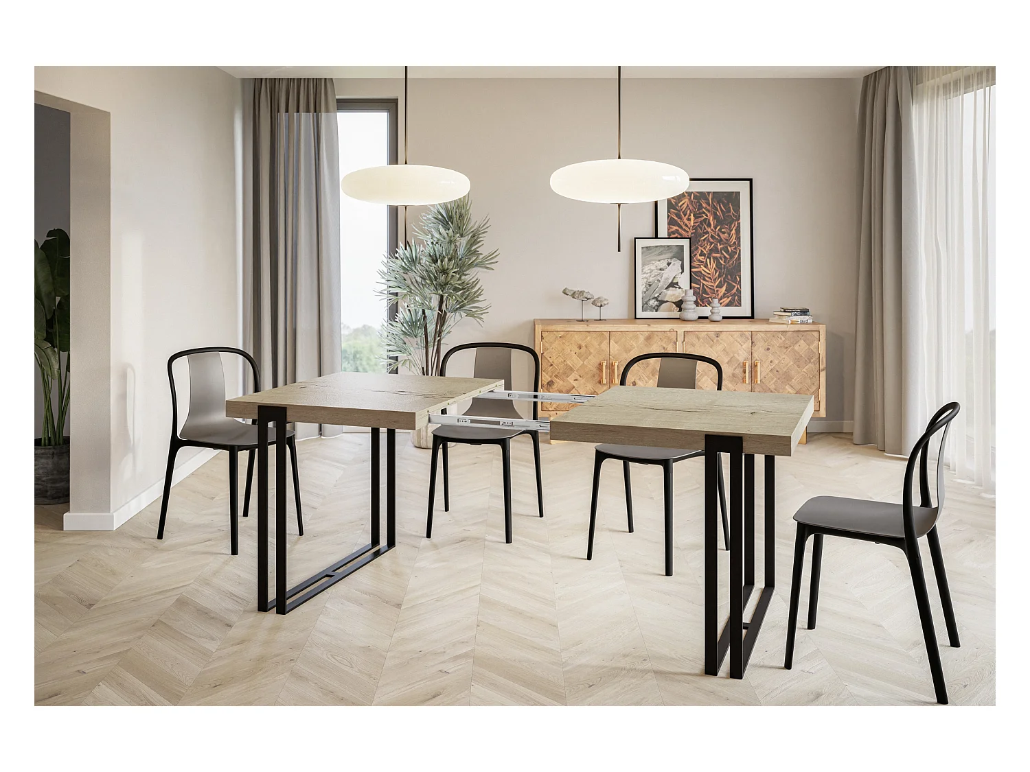 Table de salle à manger rectangulaire ROSA, table à rallonges, dimensions: 180-280X90X77 cm,couleur: HALIFAX, avec pieds métalliques de couleur noire