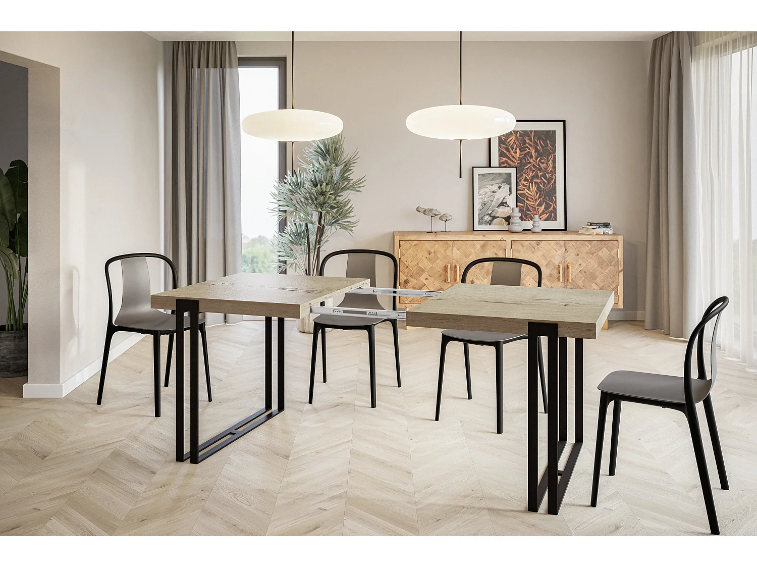 Table de salle à manger rectangulaire ROSA, table à rallonges, dimensions: 180-280X90X77 cm,couleur: HALIFAX, avec pieds métalliques de couleur noire