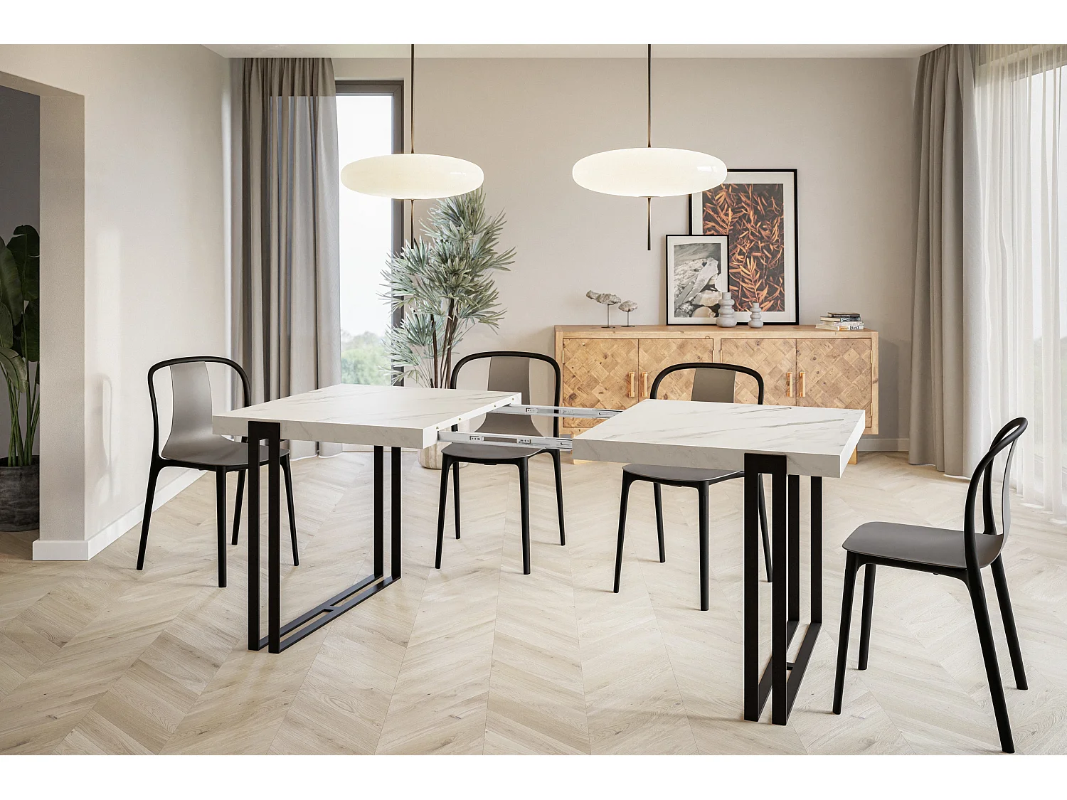 Table de salle à manger rectangulaire ROSA, table à rallonges, dimensions: 180-280X90X77 cm,couleur: MARBRE, avec pieds métalliques de couleur noire